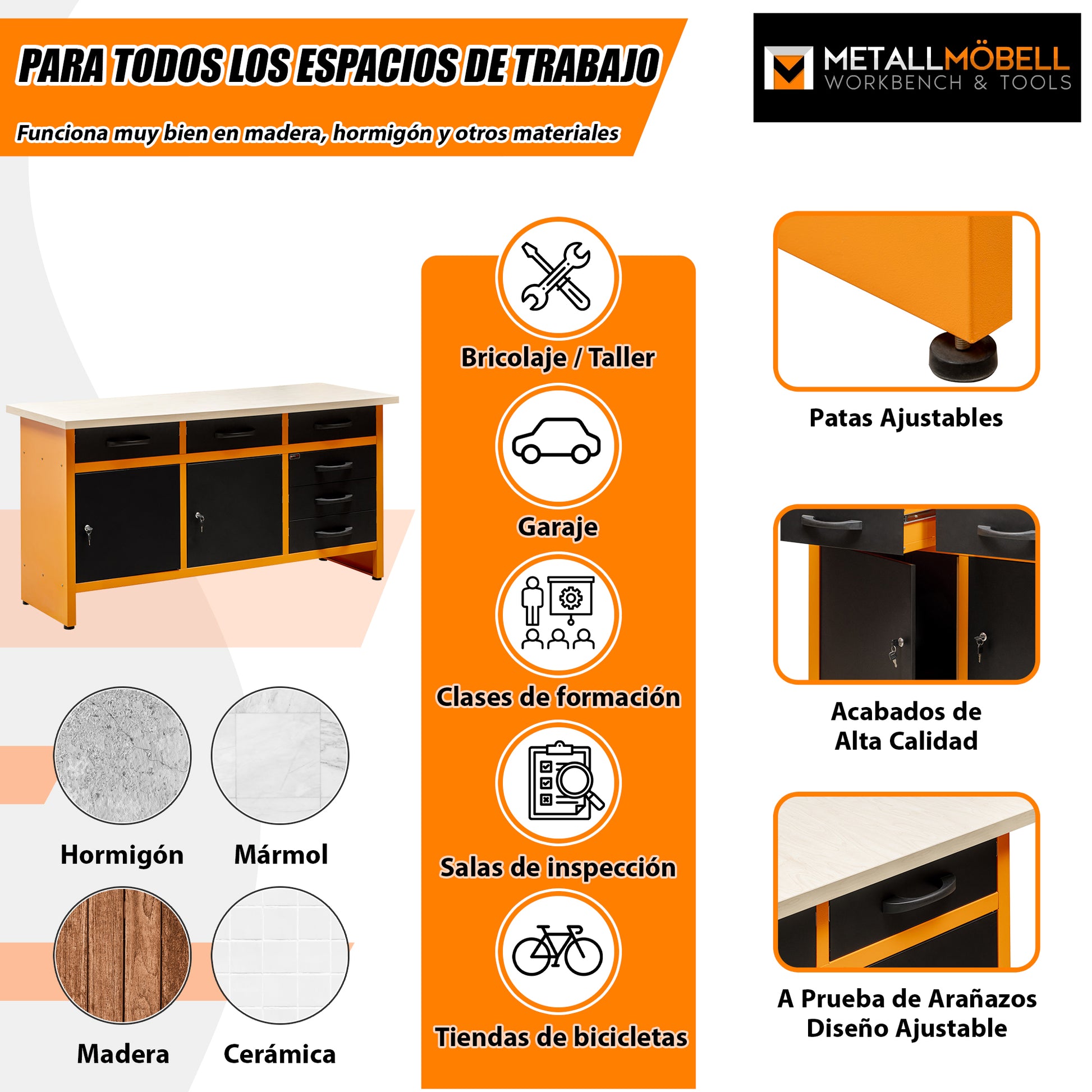 Banco de Trabajo Metálico con Cajones y Armarios con Cerradura y Llave - 6 Cajones - MetallMöbell