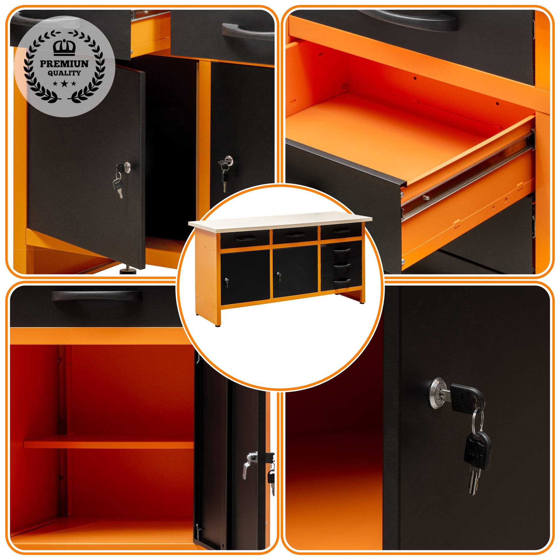 Banco de Trabajo Metálico con Cajones y Armarios con Cerradura y Llave - 6 Cajones - MetallMöbell