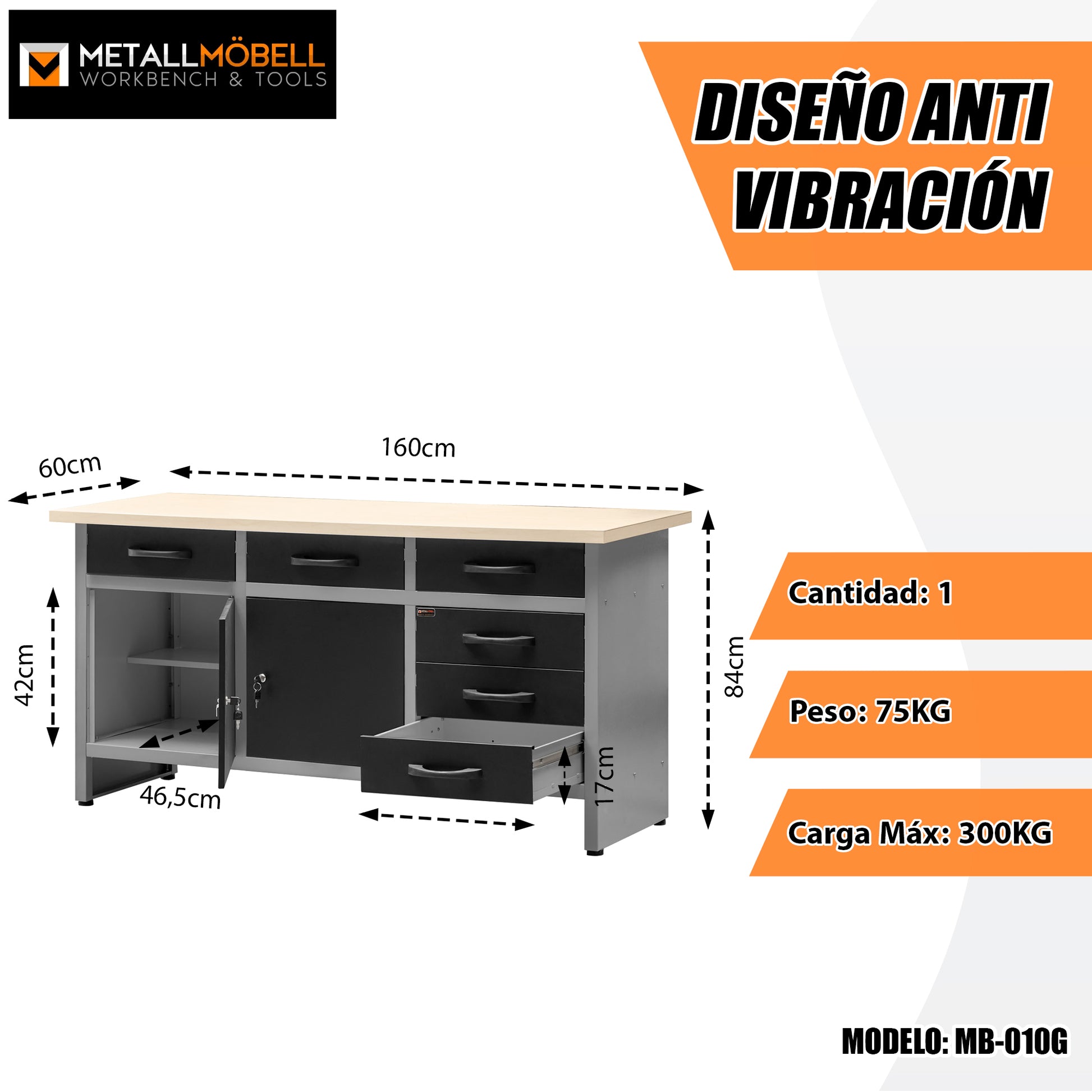 Banco de Trabajo Metálico con Cajones y Armarios con Cerradura y Llave - 6 Cajones - MetallMöbell