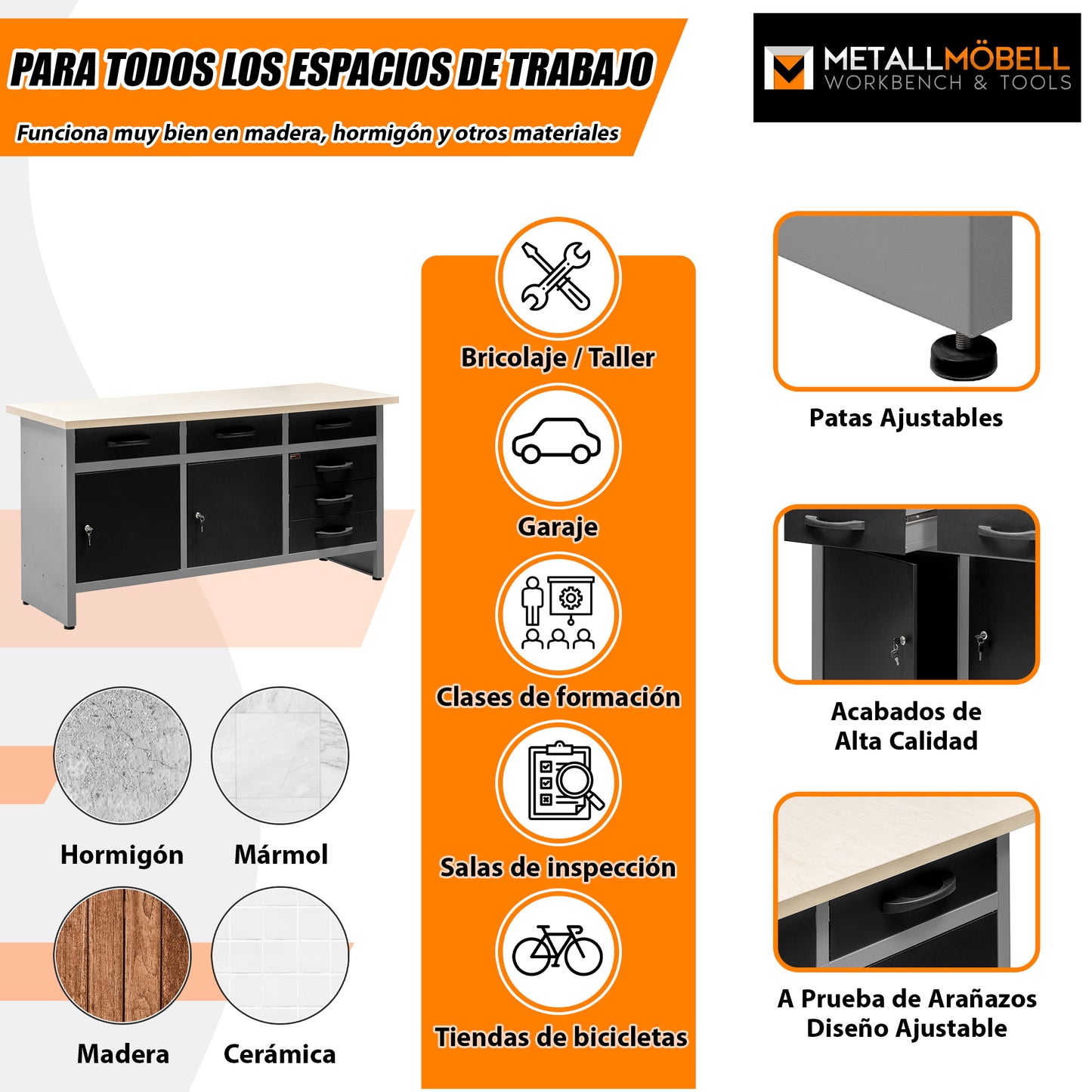 Pack Brico-Manitas 2 – Banco de trabajo con cajones y armarios, panel perforado y dos armarios metálicos de pared con cerradura para talleres y garajes