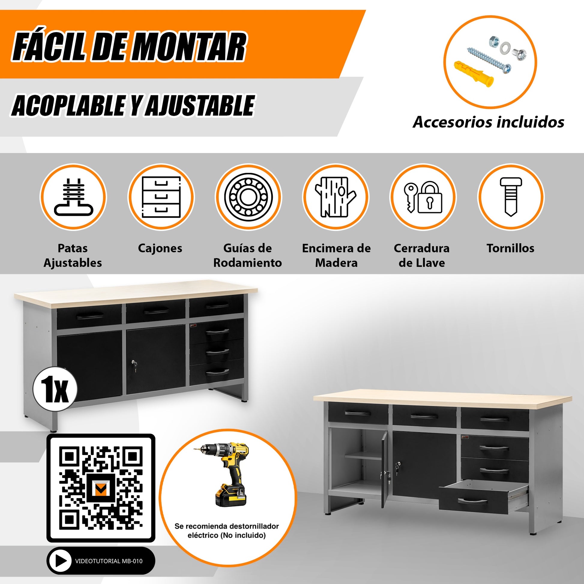 Banco de Trabajo Metálico con Cajones y Armarios con Cerradura y Llave - 6 Cajones - MetallMöbell