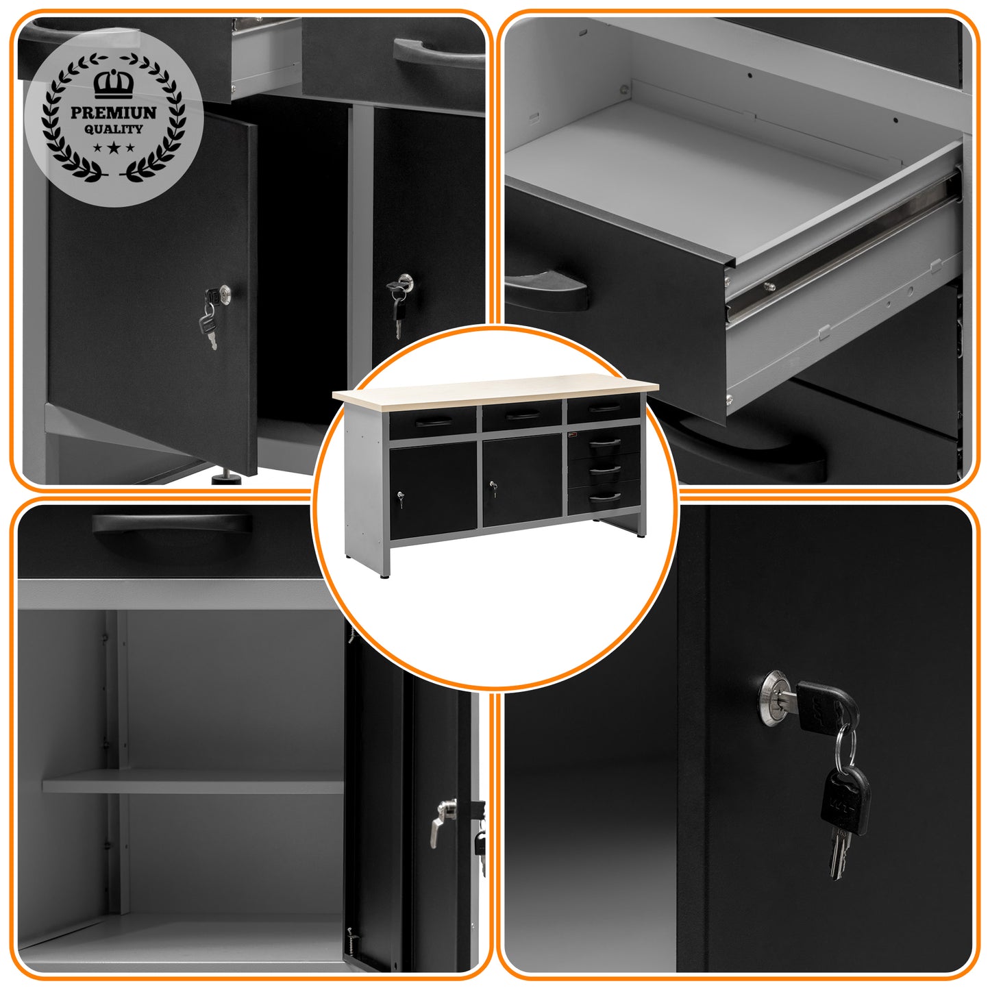 Banco de Trabajo Metálico con Cajones y Armarios con Cerradura y Llave - 6 Cajones - MetallMöbell