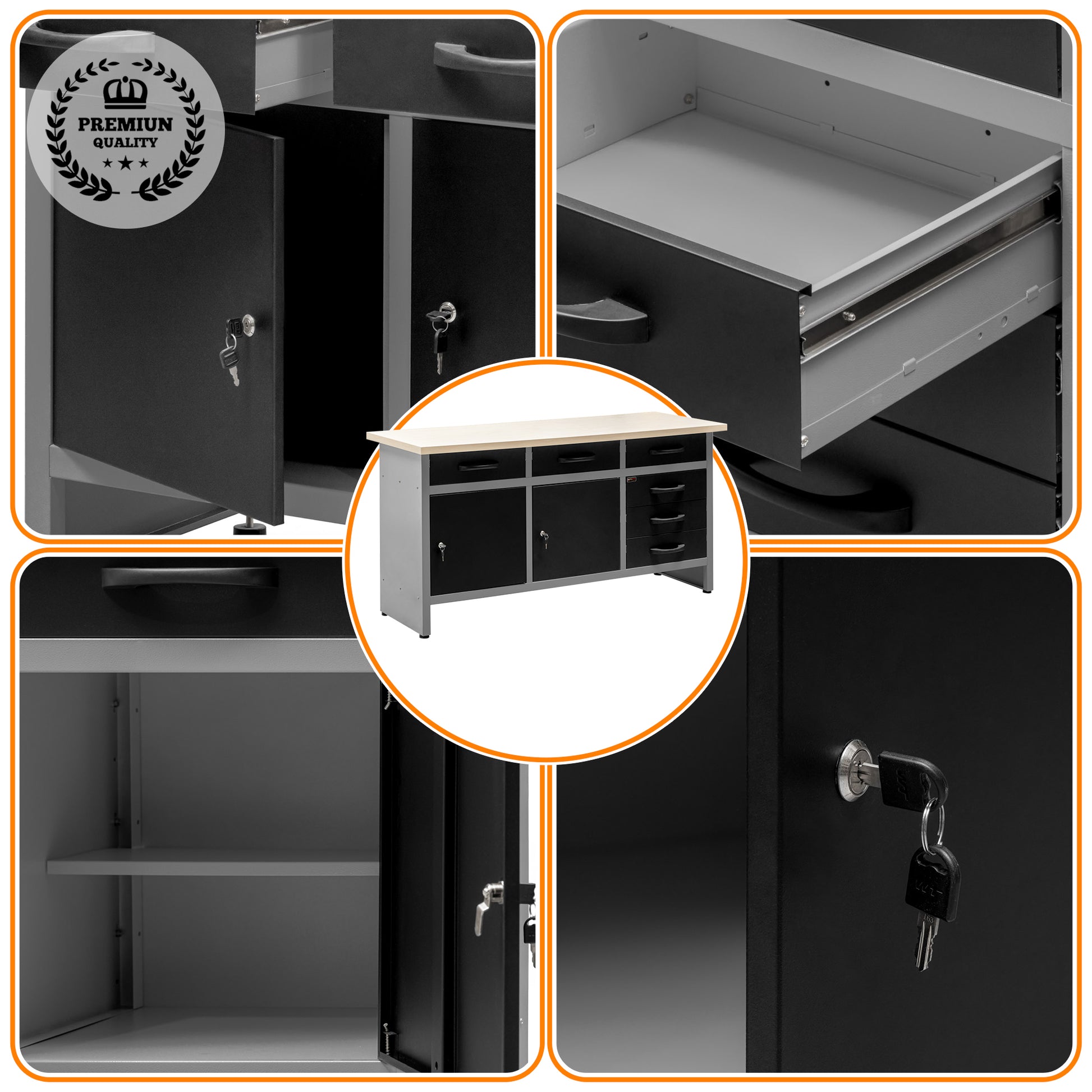 Banco de Trabajo Metálico con Cajones y Armarios con Cerradura y Llave - 6 Cajones - MetallMöbell