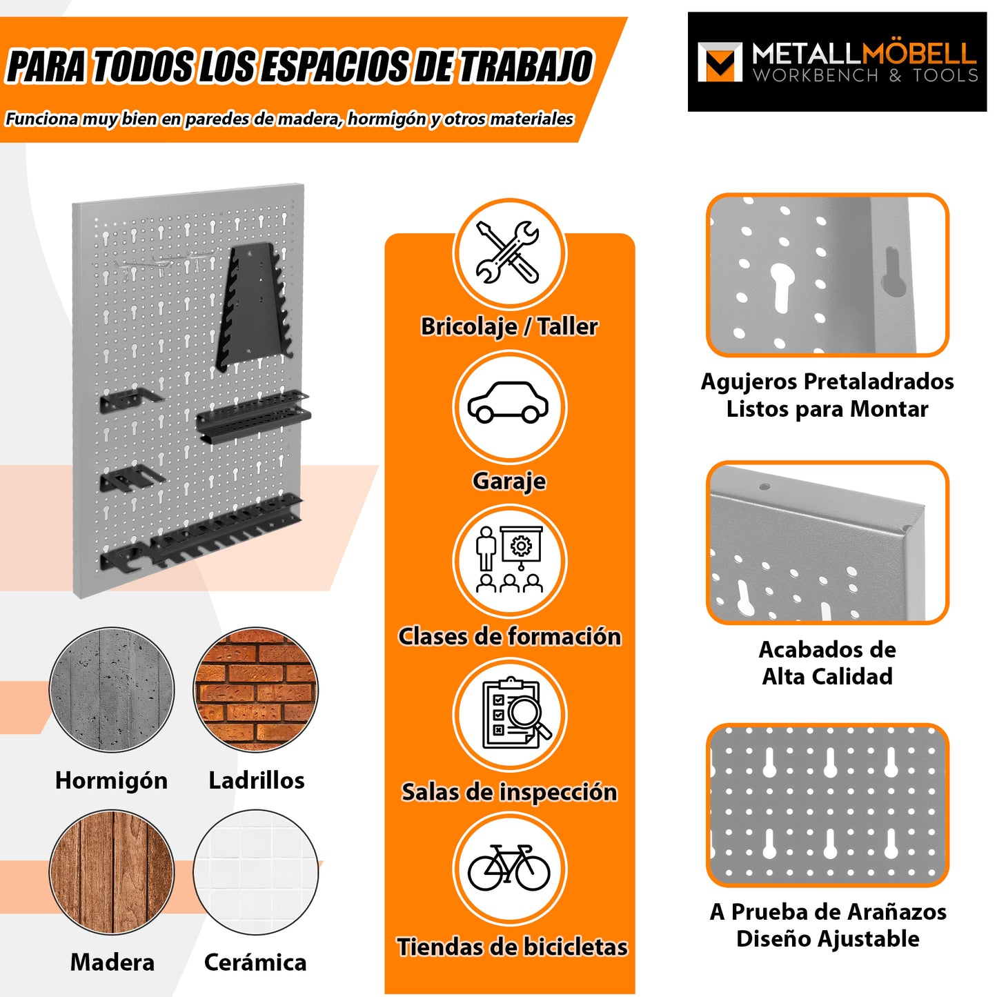 Pack Brico-Garaje 2 – Banco de trabajo con hueco central, paneles perforados y armarios superiores dobles con cerradura para taller y garaje