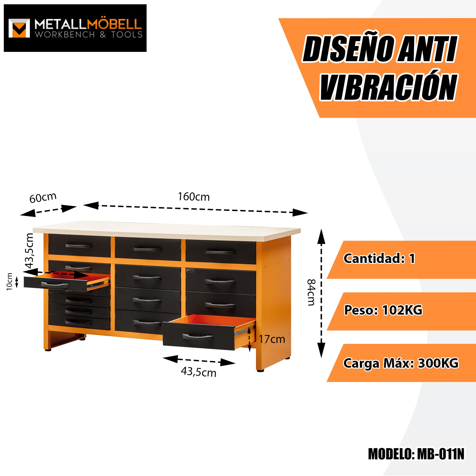 Banco de Trabajo con Cajones Metálicos de 15 Unidades - 160x60x92 CM - MetallMöbell