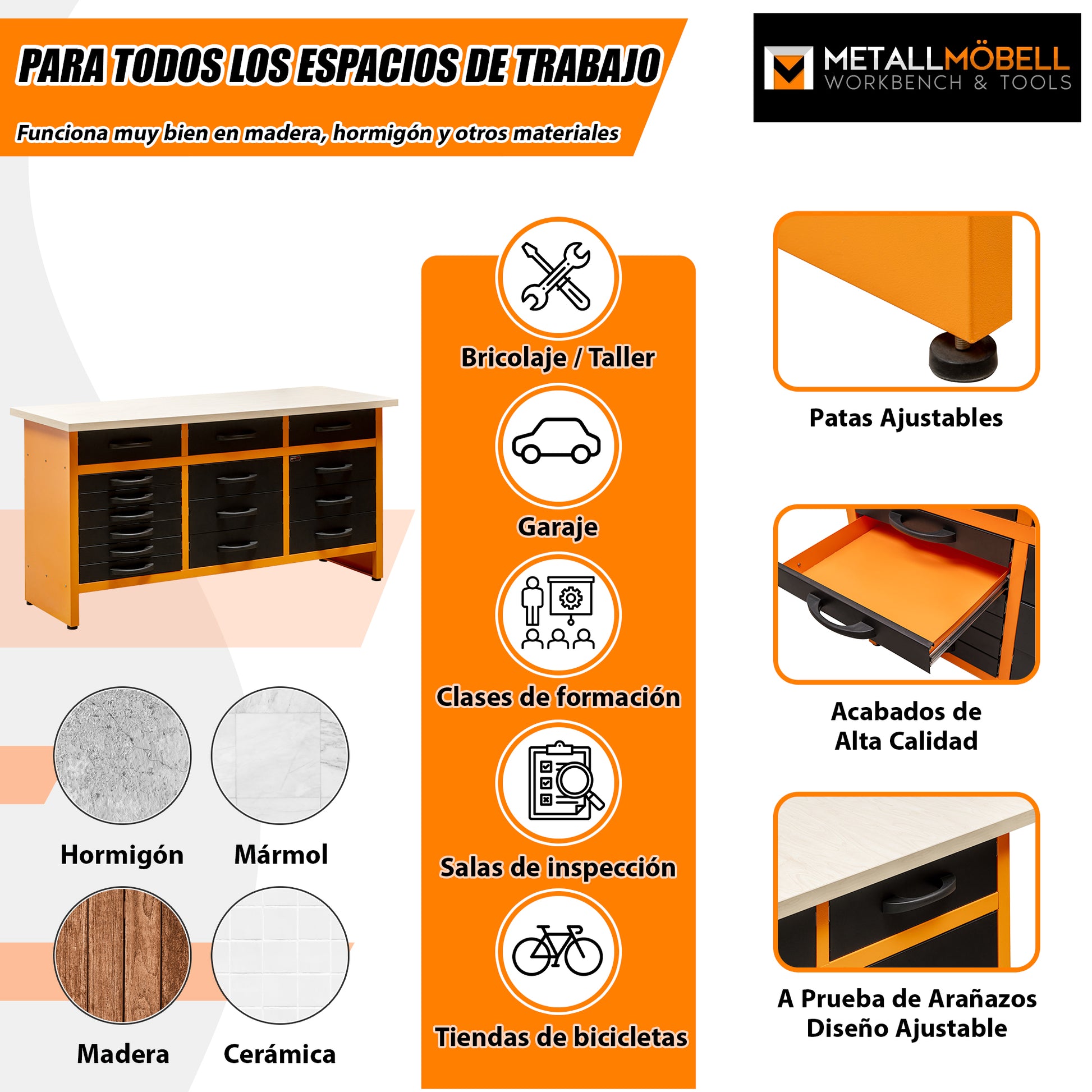 Pack Profesional del Orden 1 - Banco de trabajo profesional con cajones, armarios murales y panel perforado para talleres y garajes - MetallMöbell