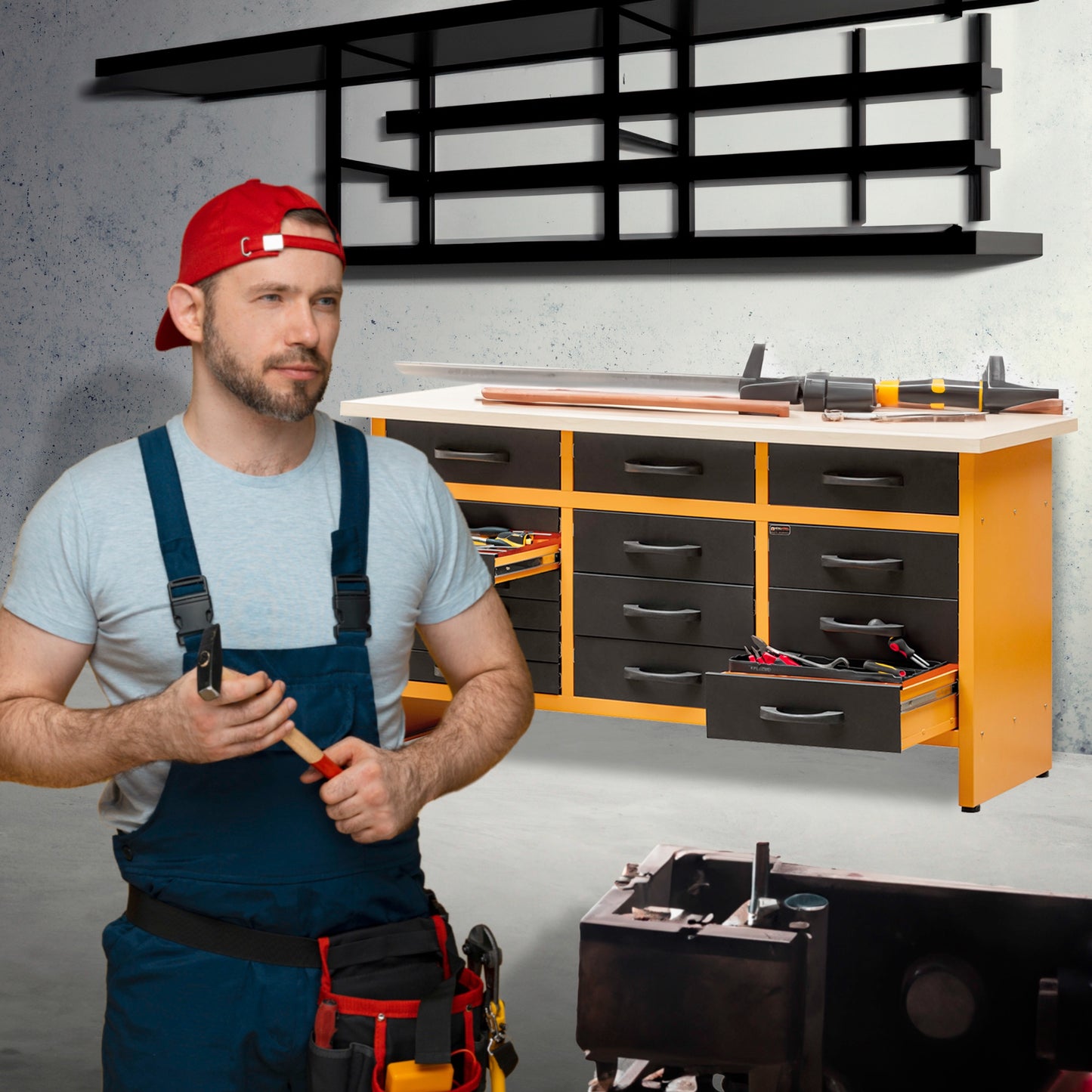 Workshop Workbench with 15 Metal Drawers of 160x60x92cm.
