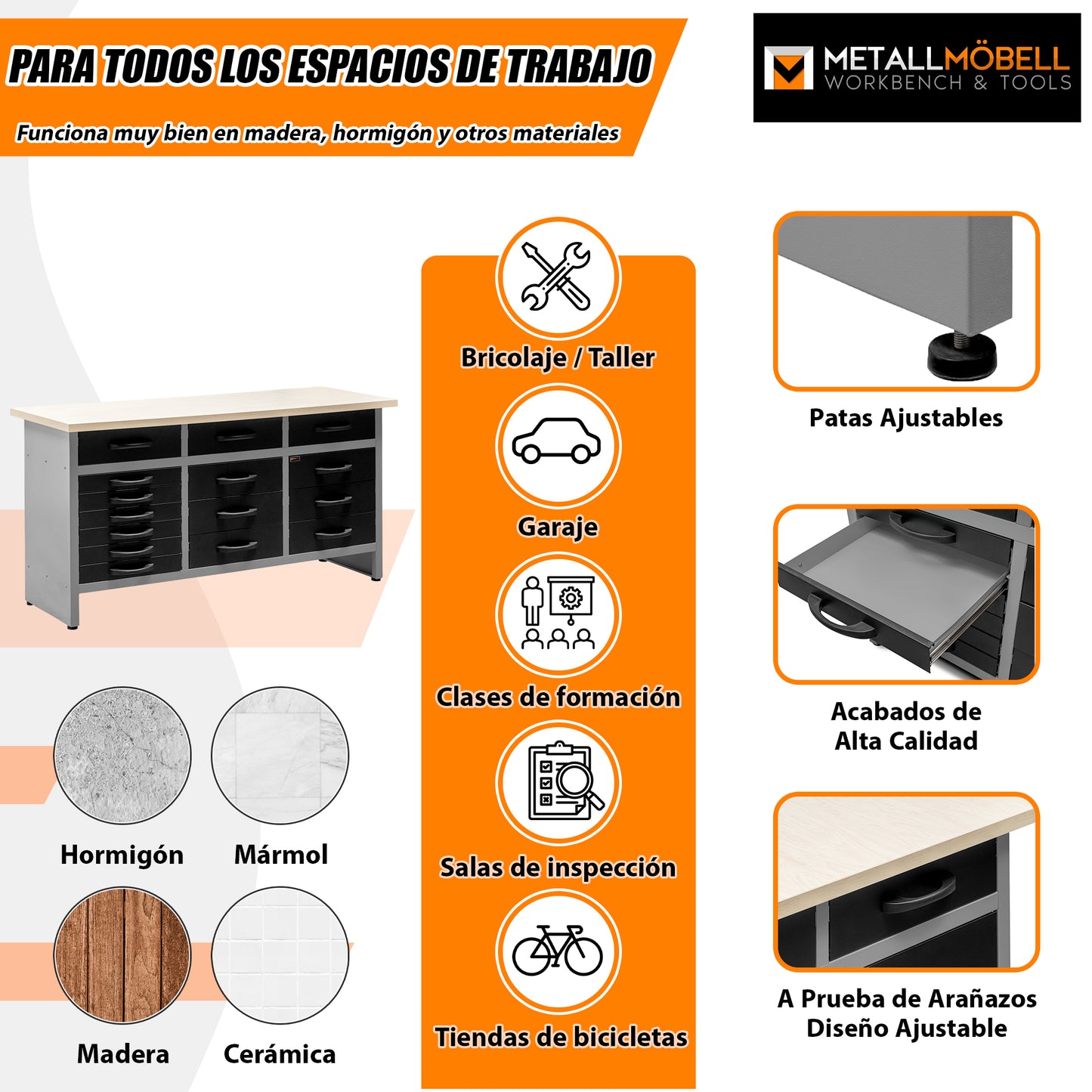 Banco de Trabajo Taller con 15 Cajones Metálicos de 160x60x92Cm.