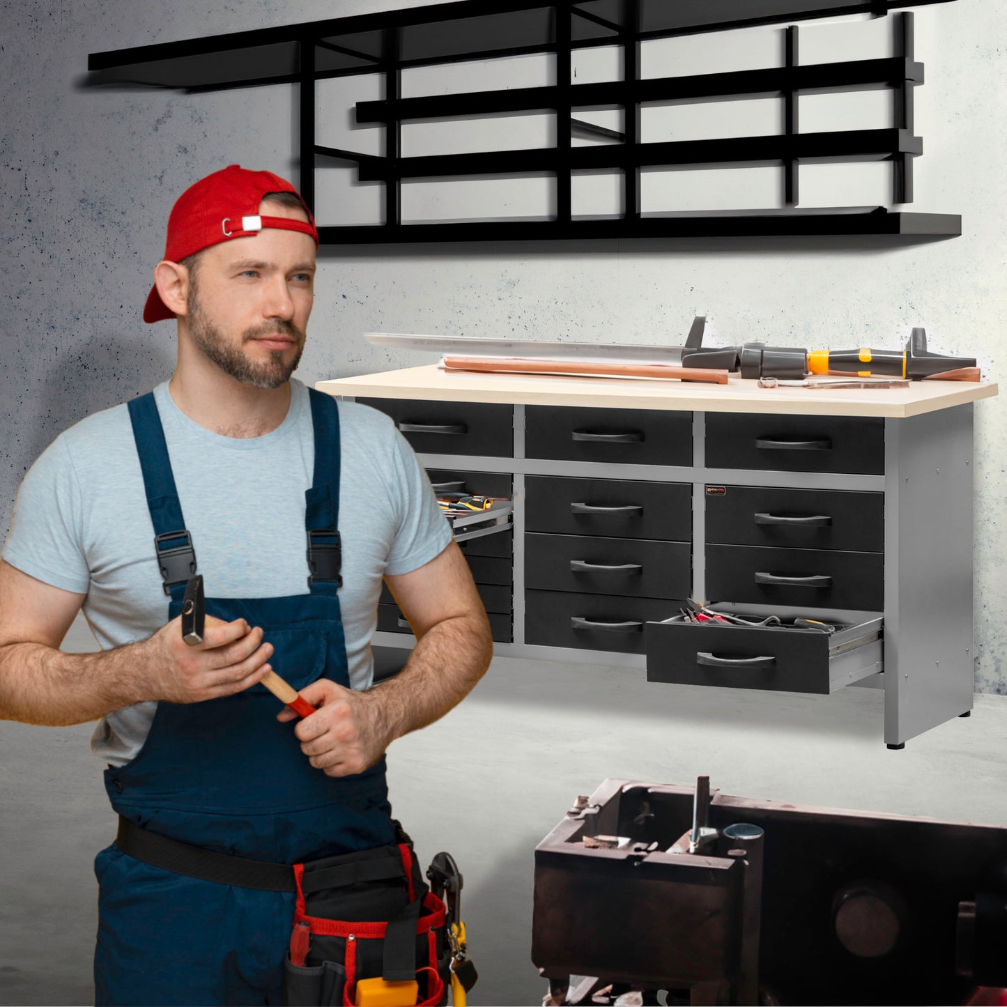 Workshop Workbench with 15 Metal Drawers of 160x60x92cm.
