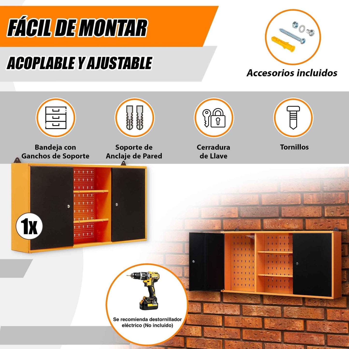 Pack Brico-Manitas 1: Banco de trabajo para talleres con cajones, armarios de pared metálicos y panel perforado para garajes