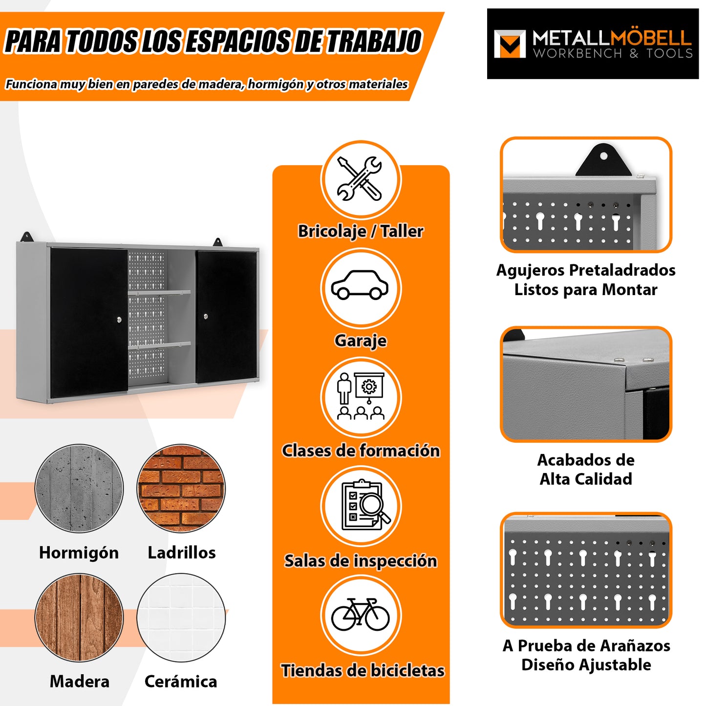 Pack Rey del Bricolaje 1 – Banco de trabajo con 5 cajones, armario mural y armario metálico alto de 2 metros para orden total en garaje o taller