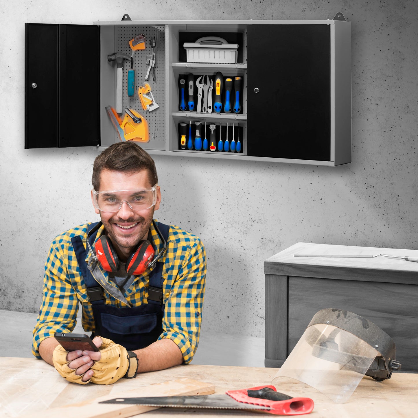 Armario Metálico con Cerradura de Pared de Tres Secciones y Estantería Intermedia 120x60x20Cm - MetallMöbell