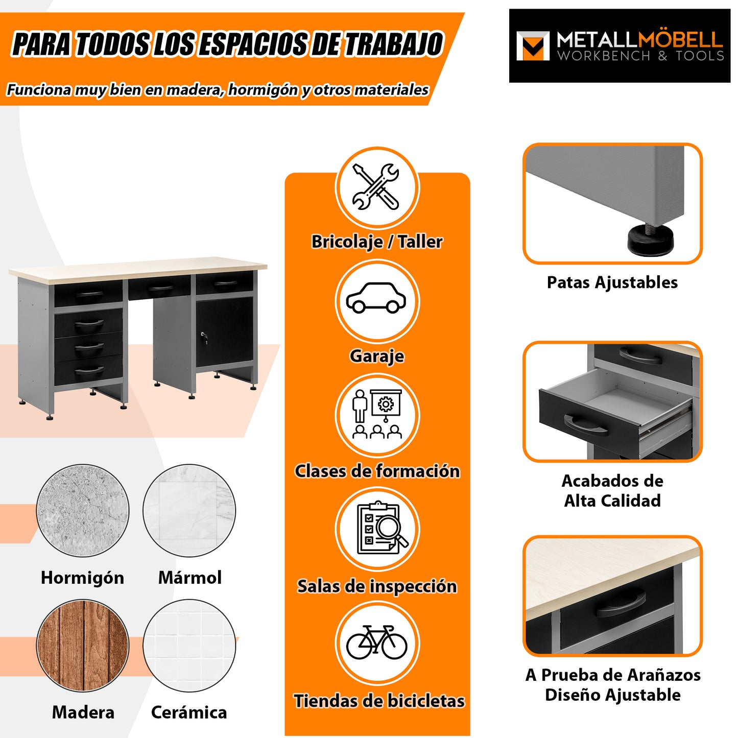 Banco de Trabajo Compuesto de 6 Cajones con Armario y 1 Hueco Central.