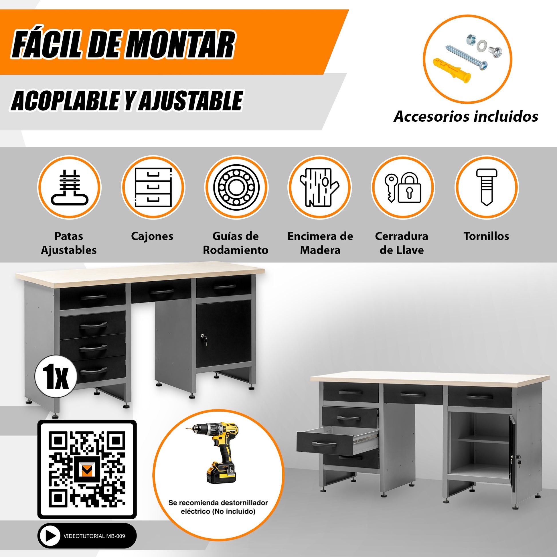 Banco de Trabajo con Cajones - Compuesto de 6 Cajones, Armario y 1 Hueco Central - MetallMöbell