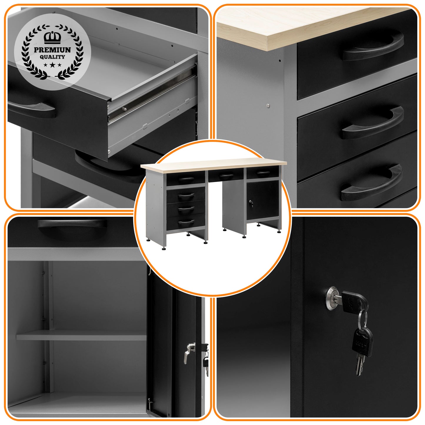 Brico-Garage 2 Pack – Banco da lavoro con nicchia centrale, pannelli forati e doppi armadietti superiori con serratura per officina e garage