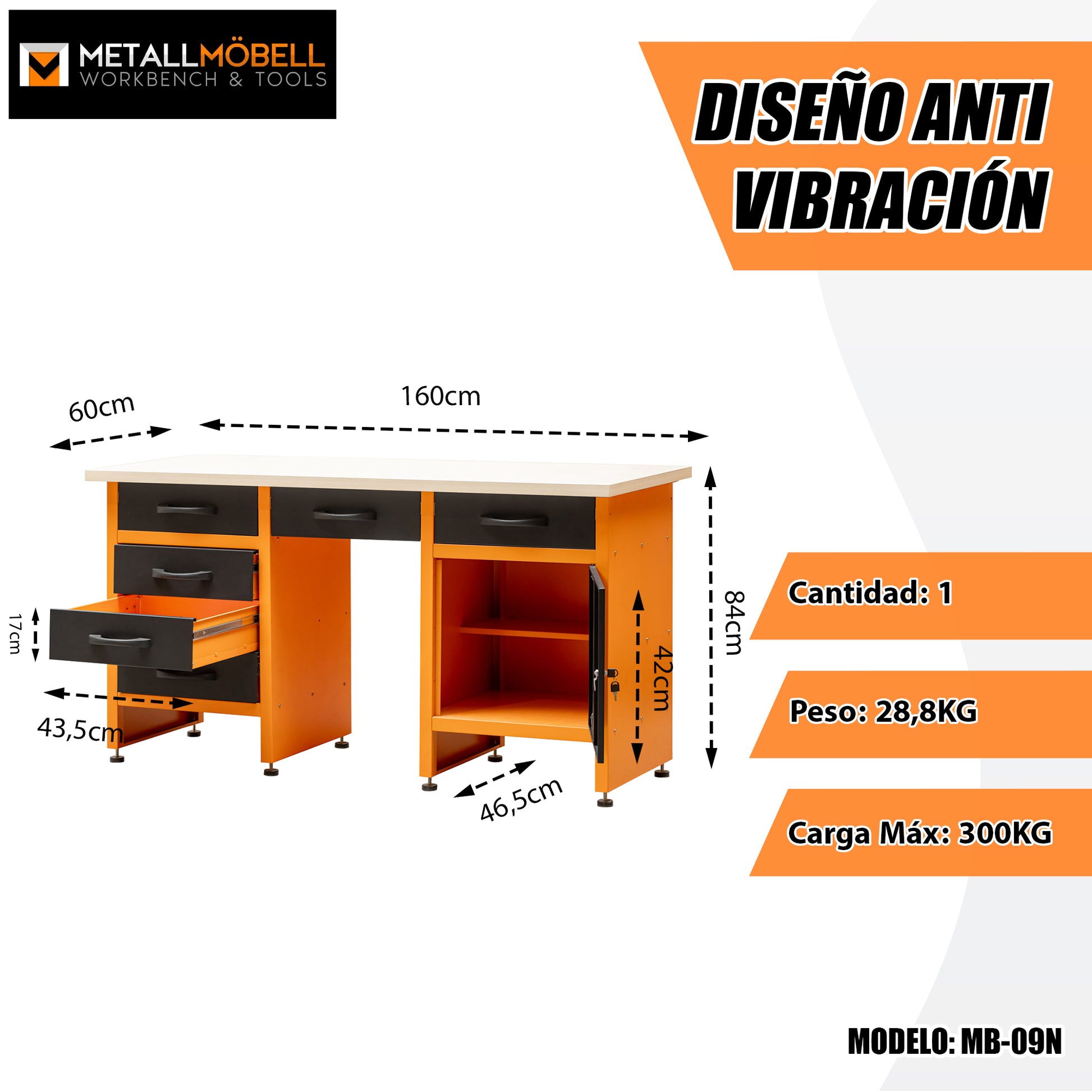 Banco de Trabajo con Cajones - Compuesto de 6 Cajones, Armario y 1 Hueco Central - MetallMöbell