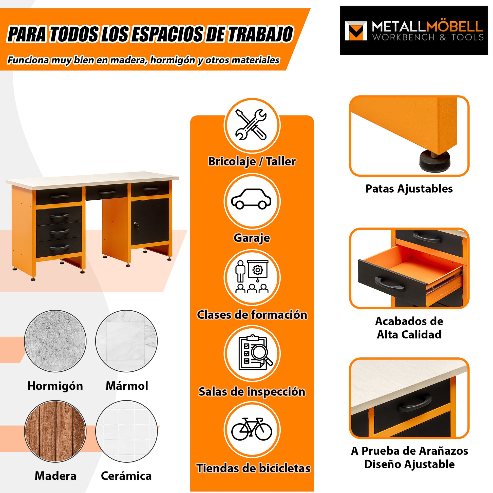 Banco de Trabajo con Cajones - Compuesto de 6 Cajones, Armario y 1 Hueco Central - MetallMöbell