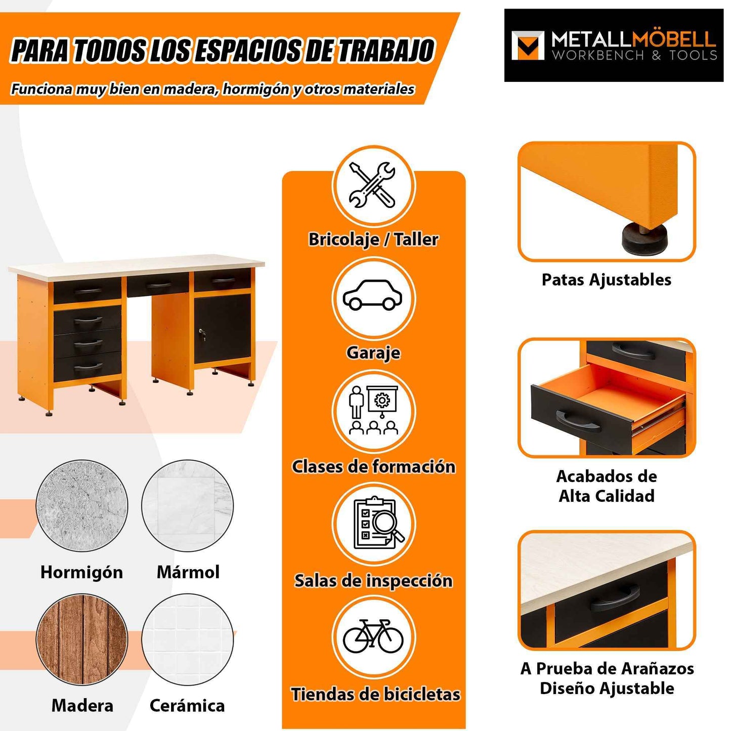 Pack Brico-Garaje 2 - Banco de trabajo para garaje con hueco central, paneles perforados y armarios superiores dobles con cerradura