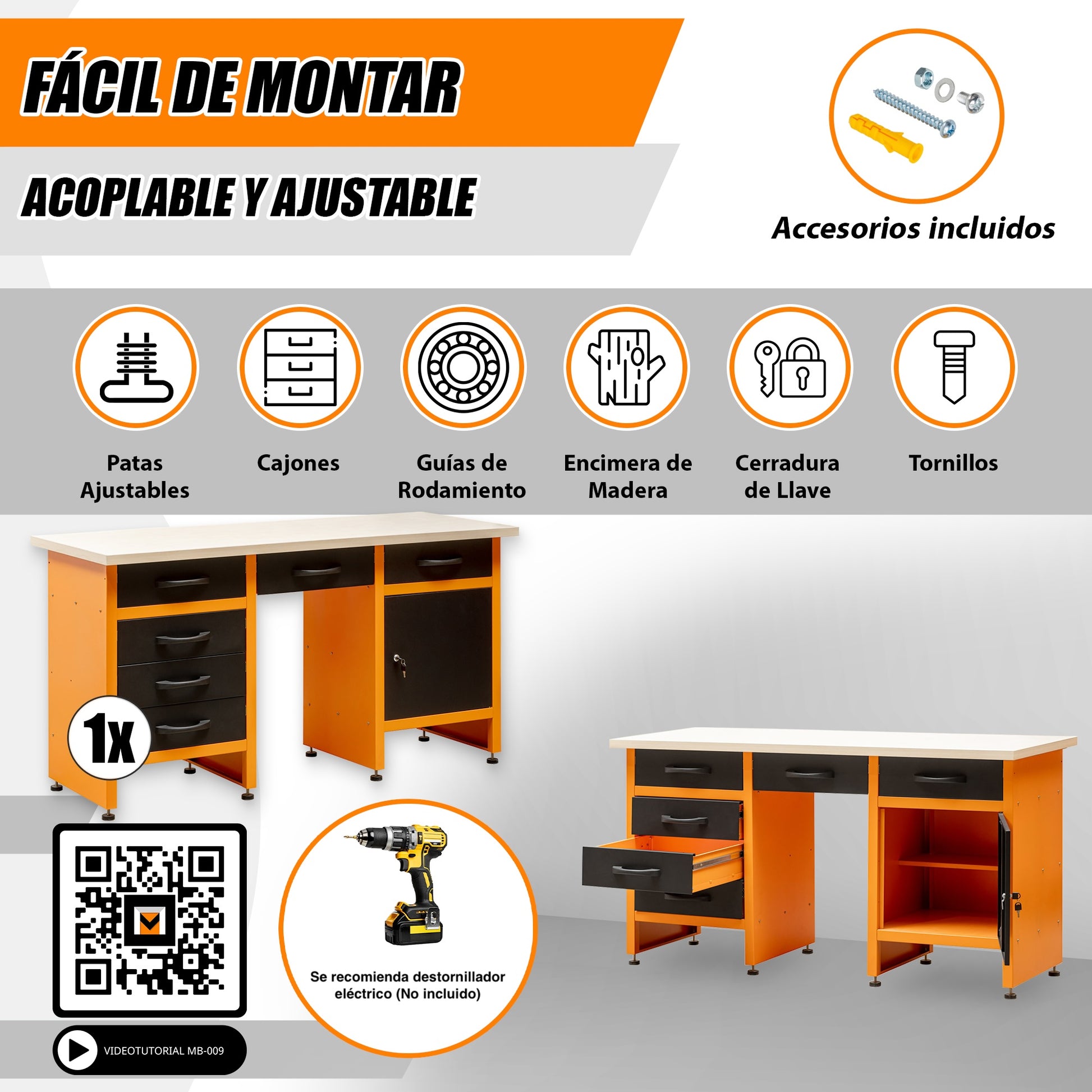 Banco de Trabajo con Cajones - Compuesto de 6 Cajones, Armario y 1 Hueco Central - MetallMöbell