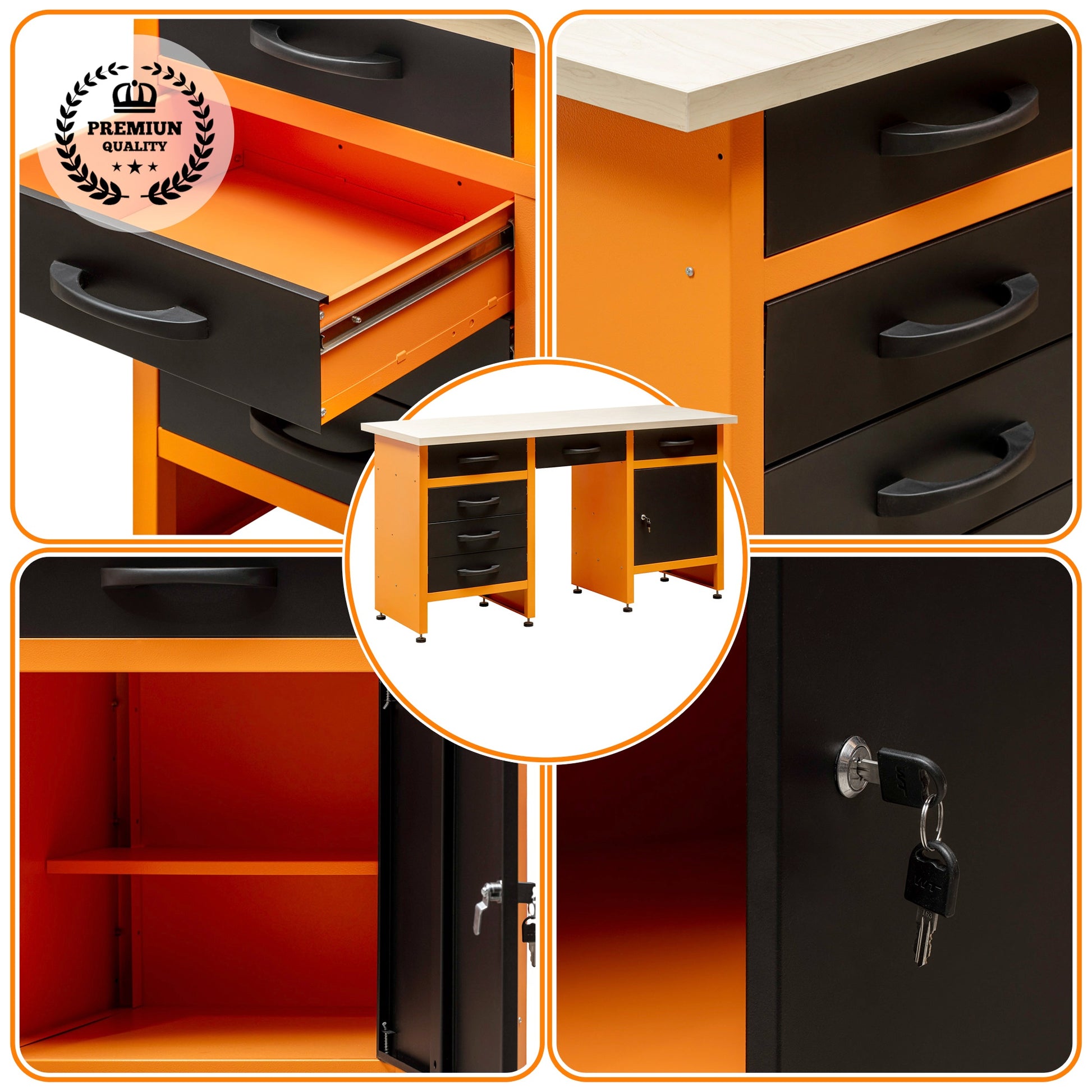 Banco de Trabajo con Cajones - Compuesto de 6 Cajones, Armario y 1 Hueco Central - MetallMöbell