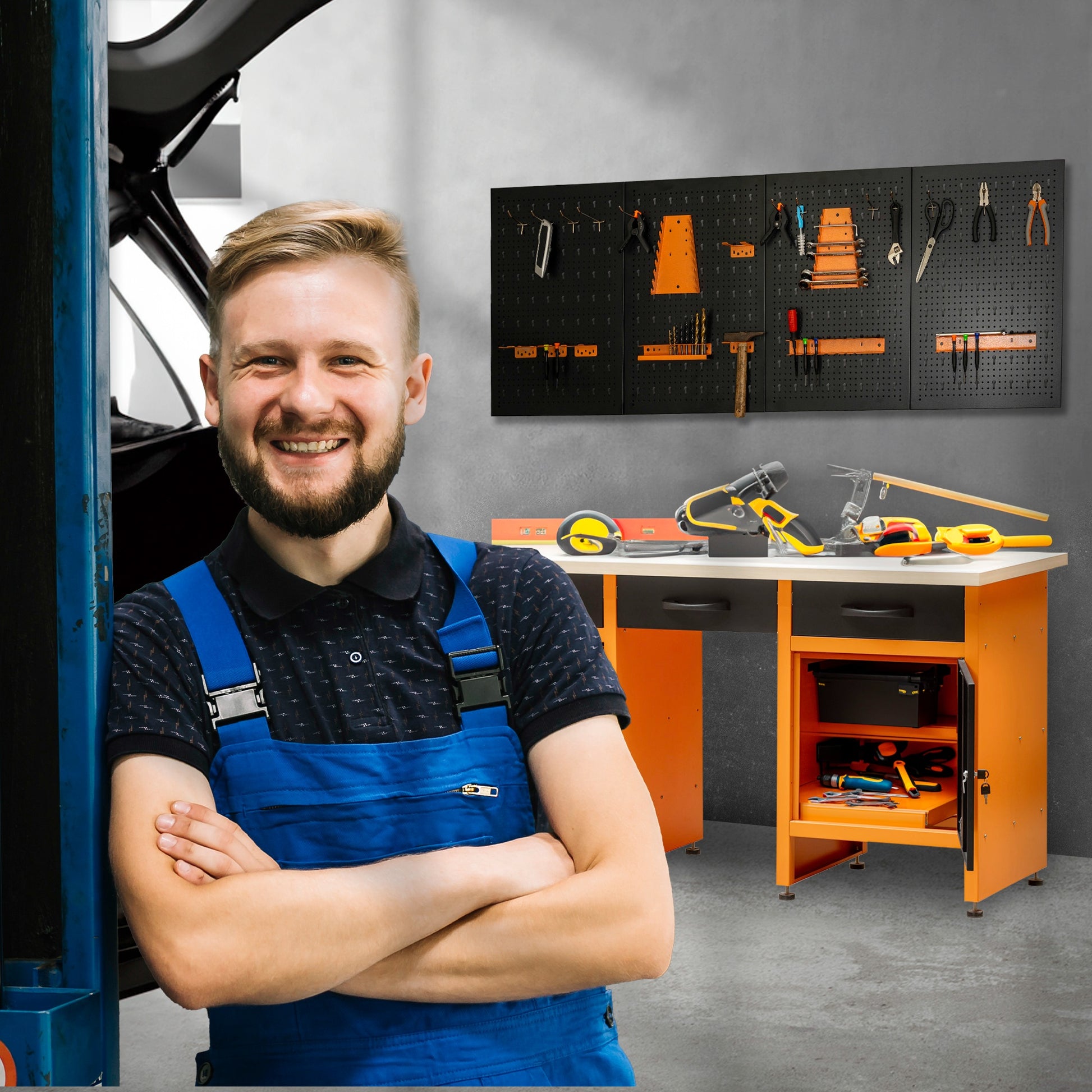 Banco de Trabajo con Cajones - Compuesto de 6 Cajones, Armario y 1 Hueco Central - MetallMöbell