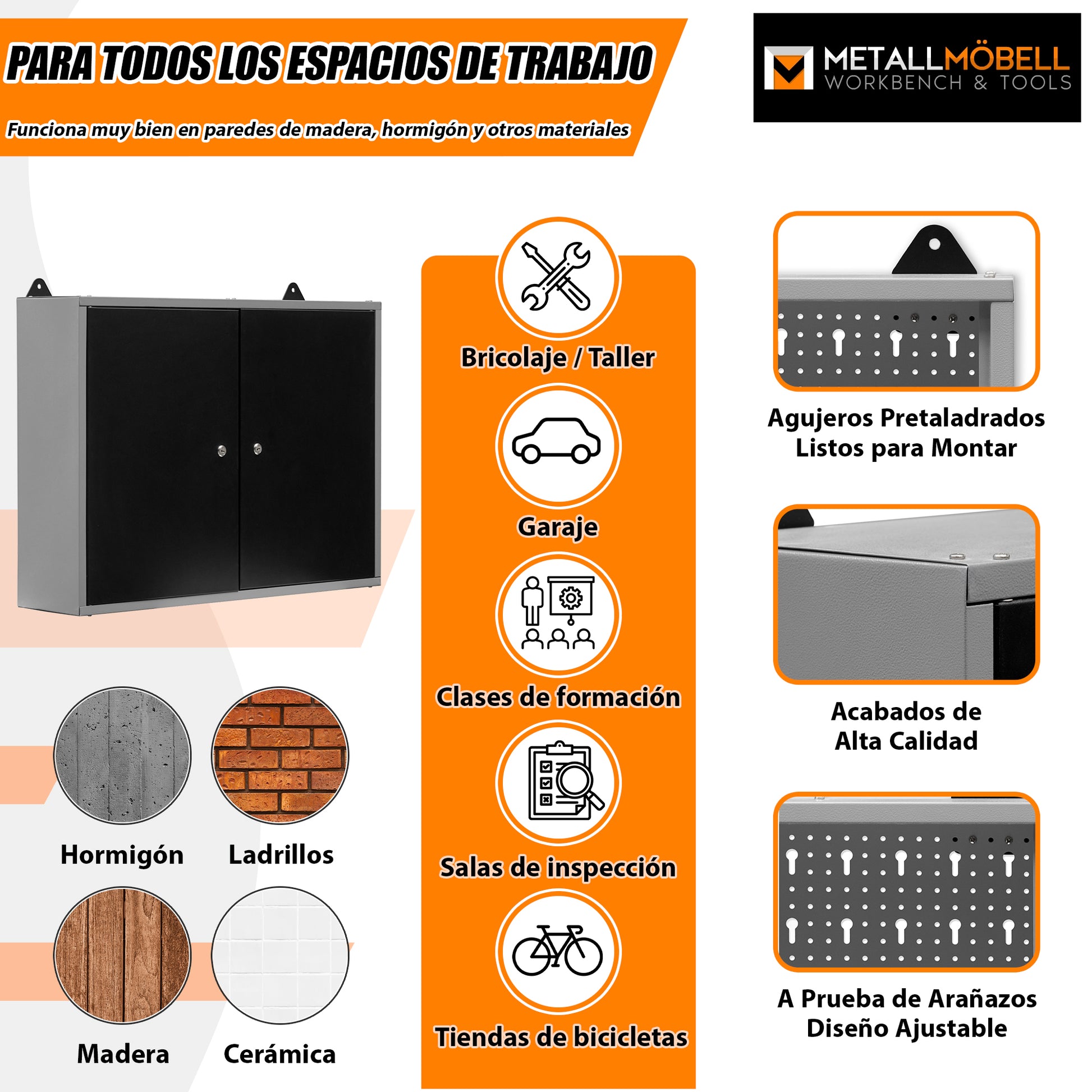Pack Brico-Garaje 2 - Banco de trabajo para garaje con hueco central, paneles perforados y armarios superiores dobles con cerradura - MetallMöbell