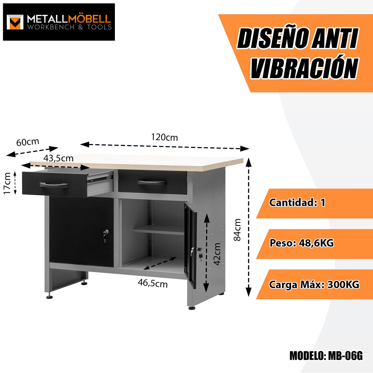 Banco de Trabajo Ajustable con Patas Ajustables, Cajones y Armarios con Cerradura - MetallMöbell