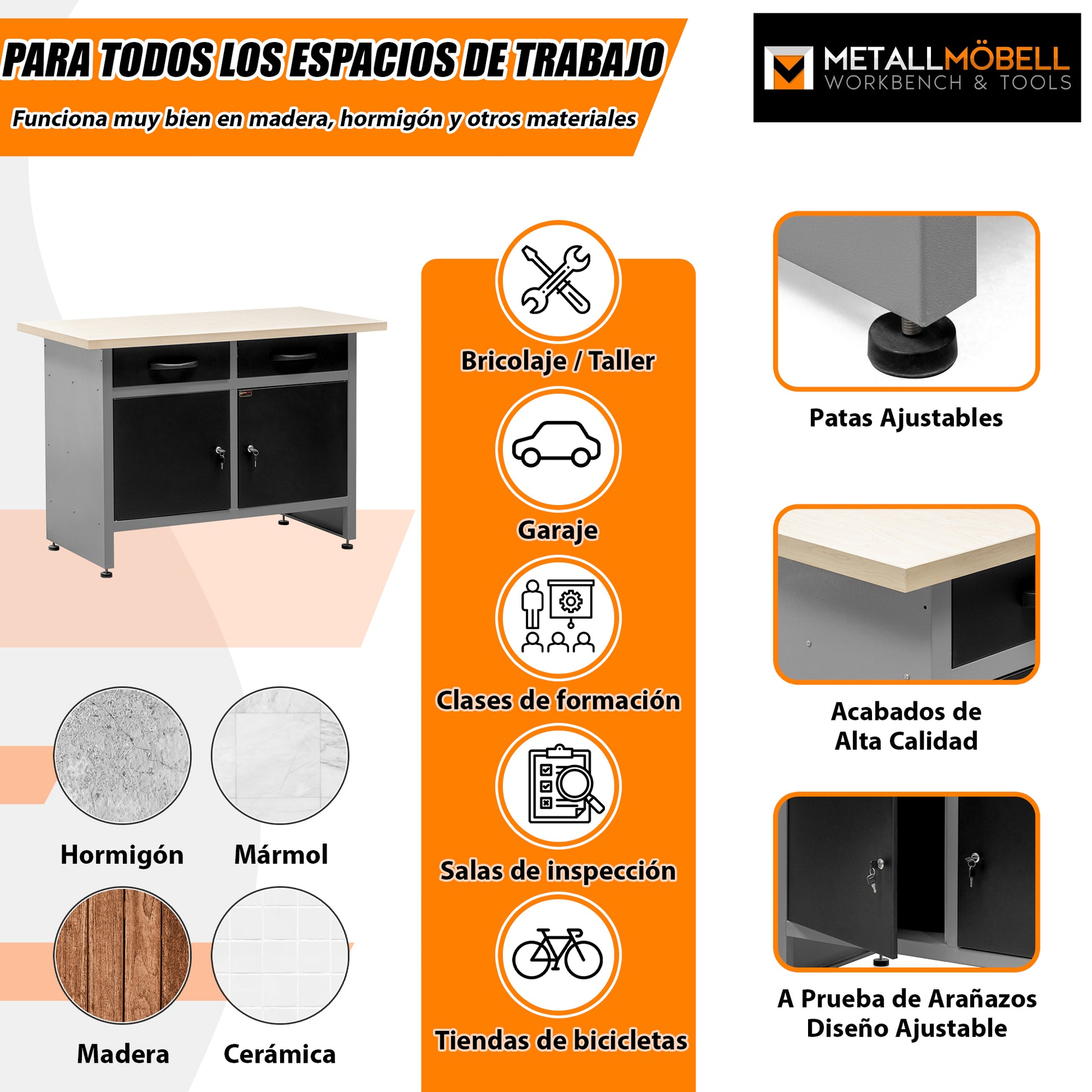 Banco de Trabajo Ajustable con Patas Ajustables, Cajones y Armarios con Cerradura - MetallMöbell