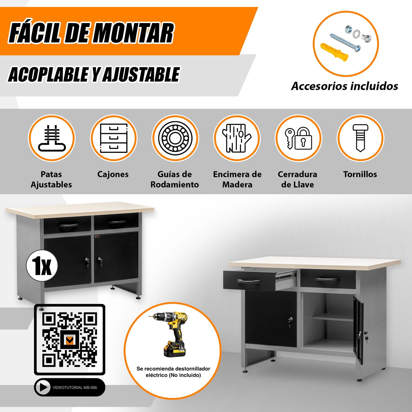 Workbench with Adjustable Legs, Lockable Drawers and Cabinets