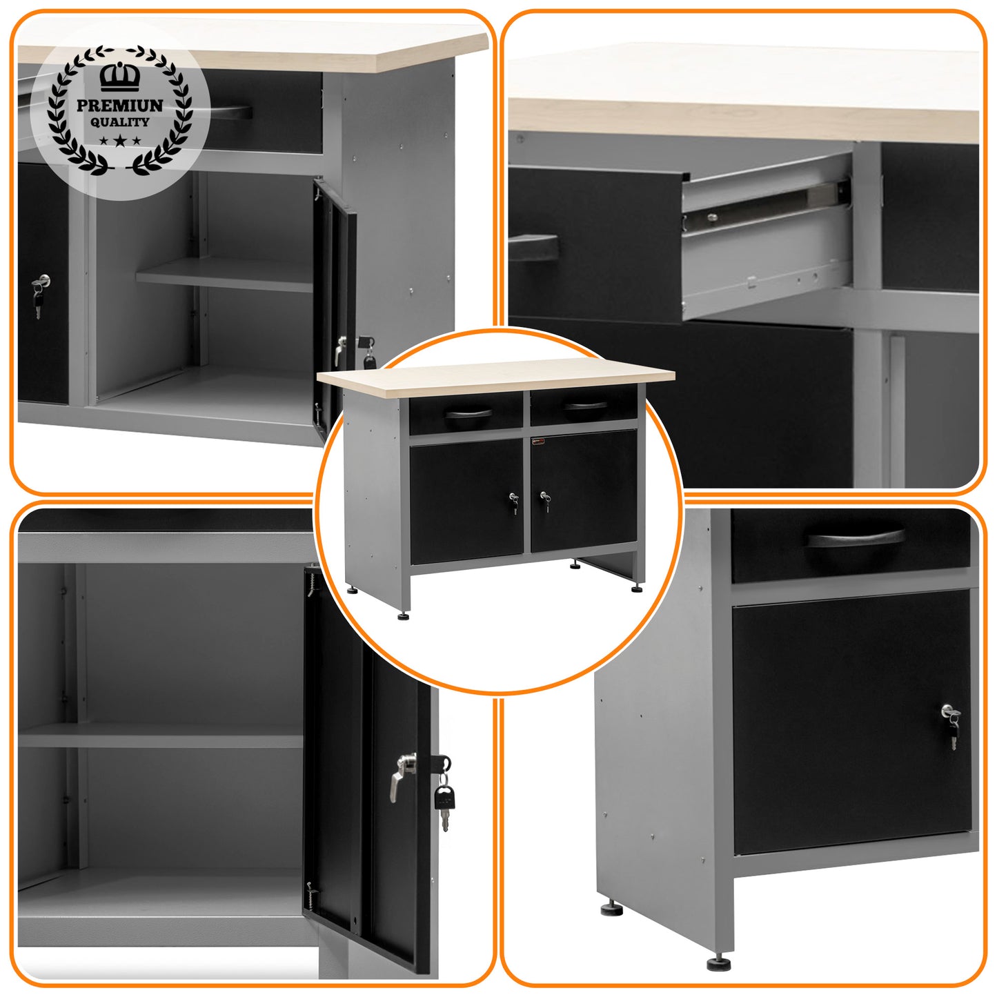 Workbench with Adjustable Legs, Lockable Drawers and Cabinets