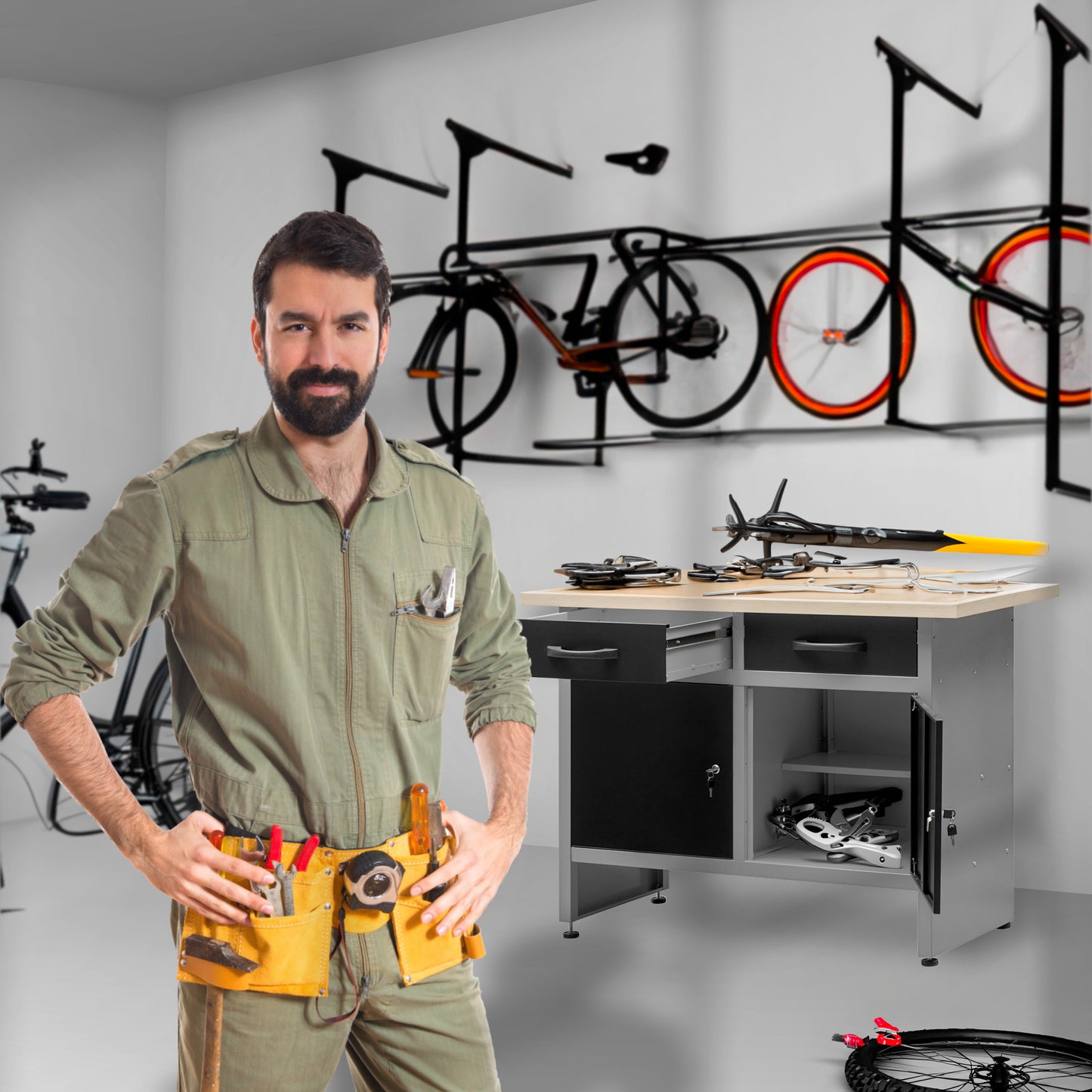 Workbench with Adjustable Legs, Lockable Drawers and Cabinets