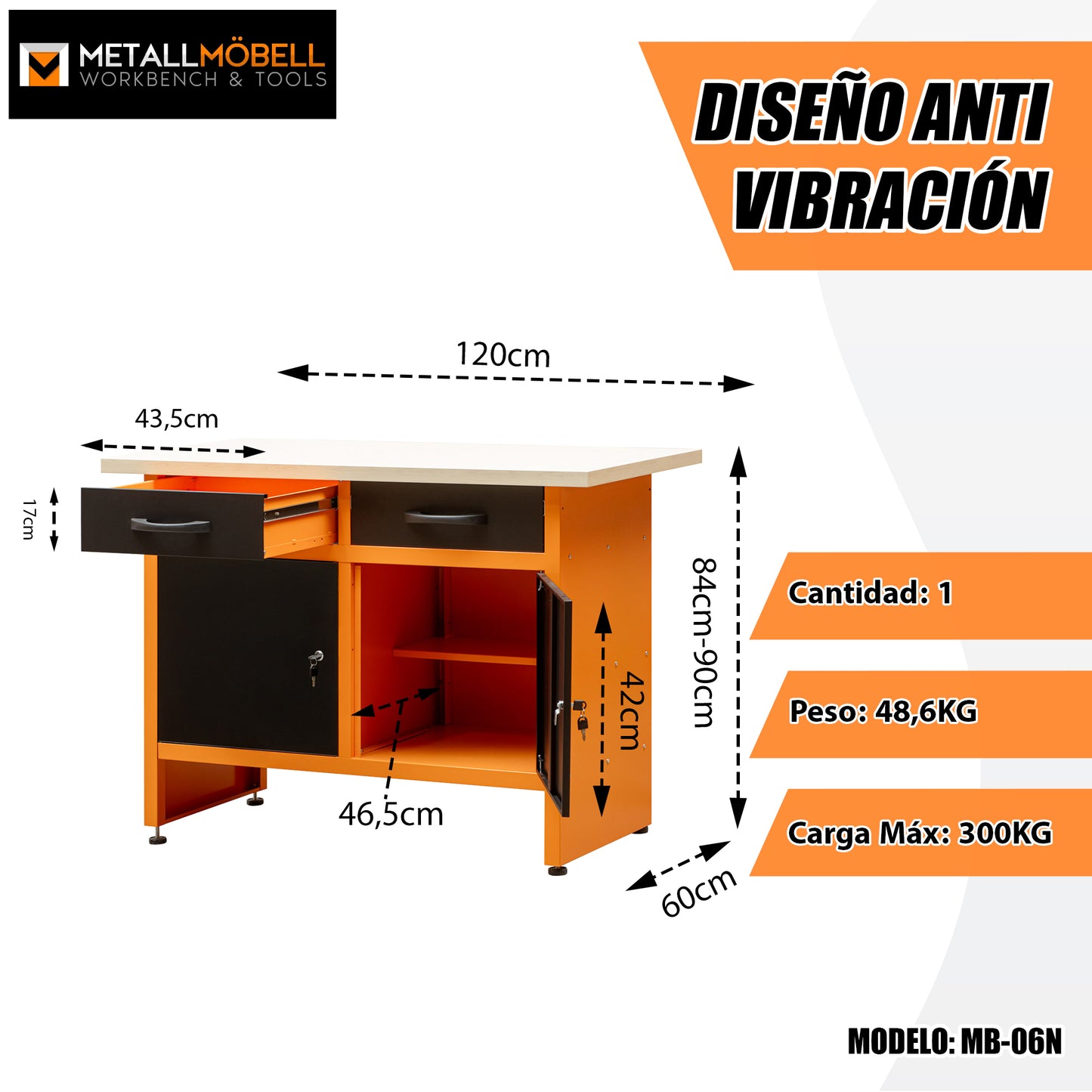 Workbench with Adjustable Legs, Lockable Drawers and Cabinets