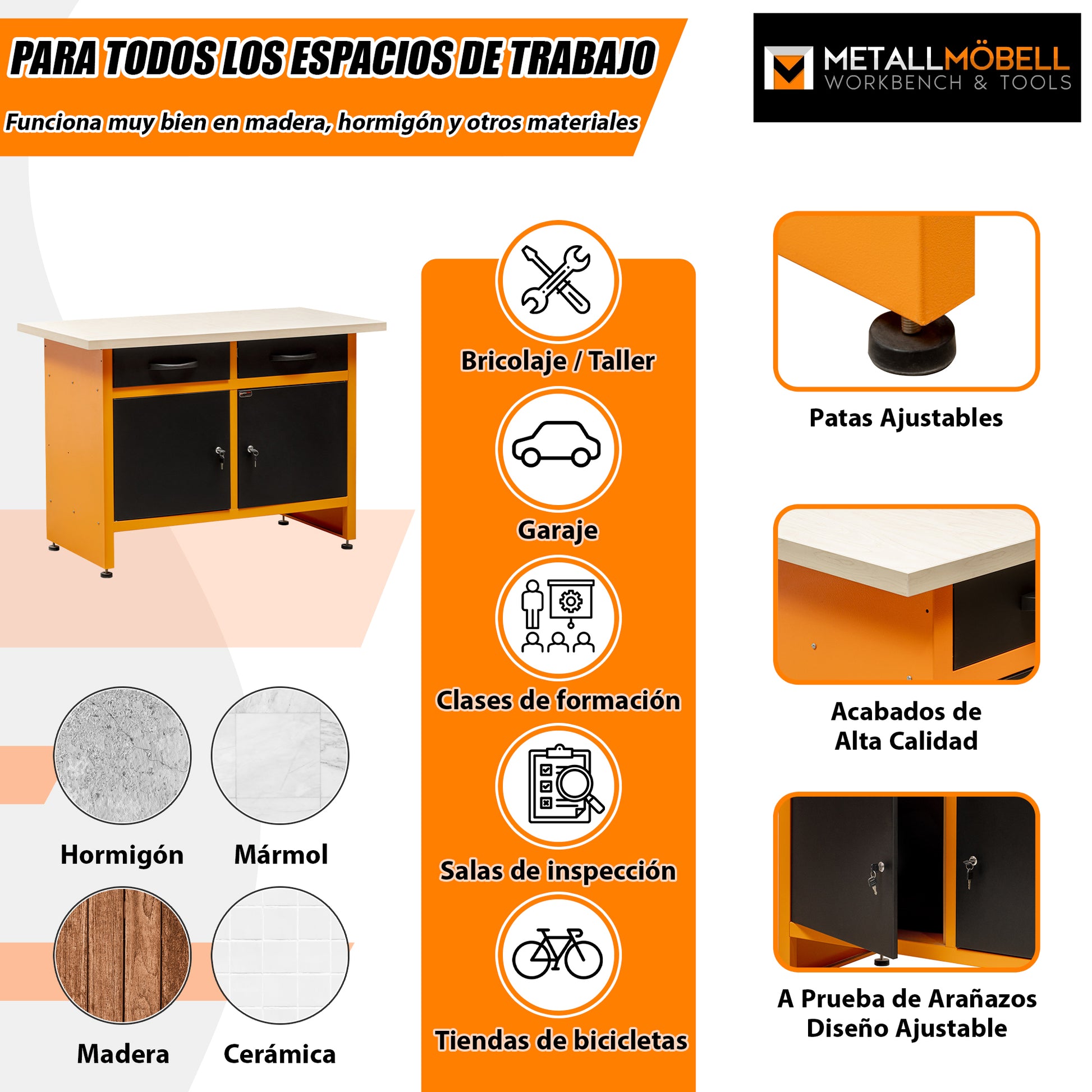 Banco de Trabajo Ajustable con Patas Ajustables, Cajones y Armarios con Cerradura - MetallMöbell