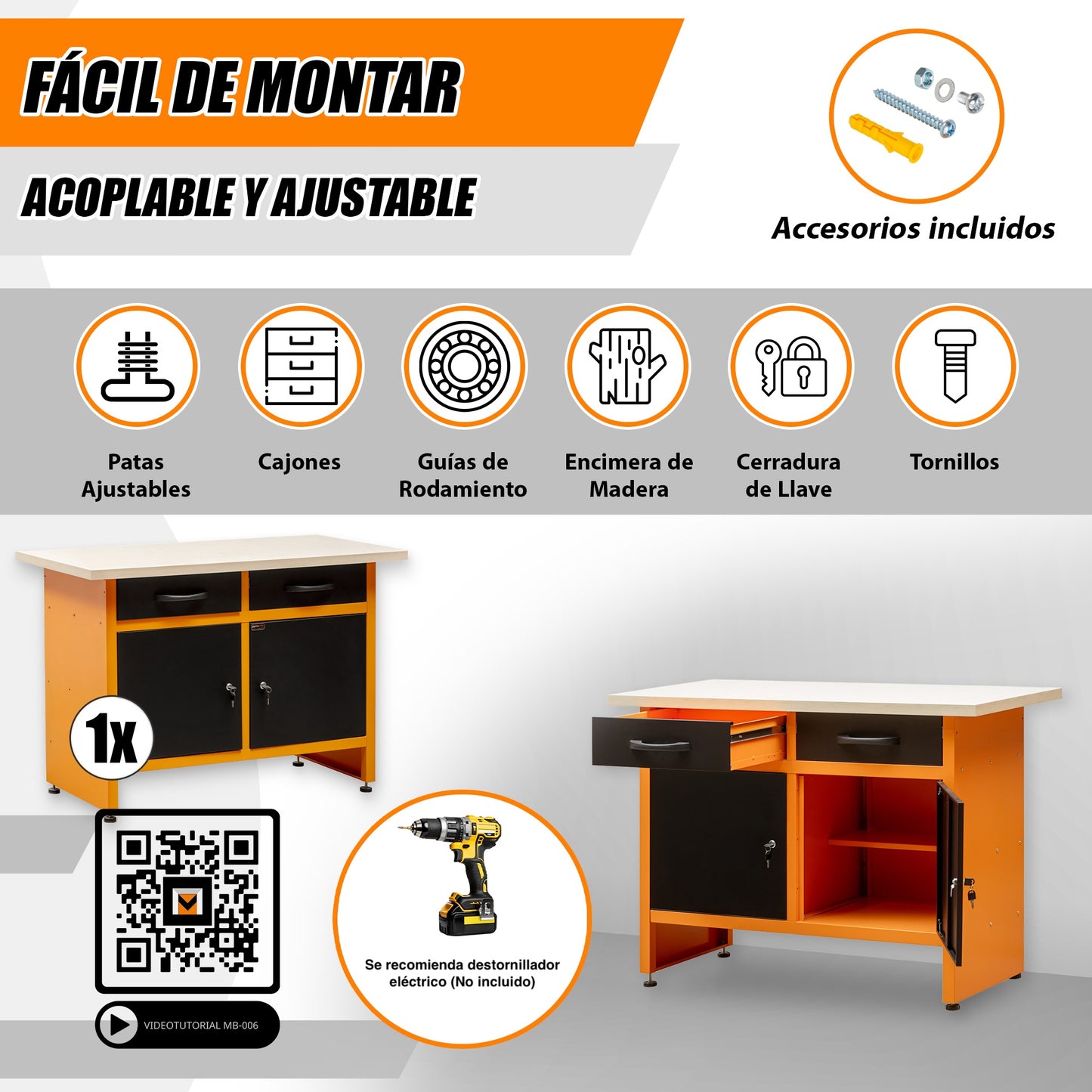Workbench with Adjustable Legs, Lockable Drawers and Cabinets
