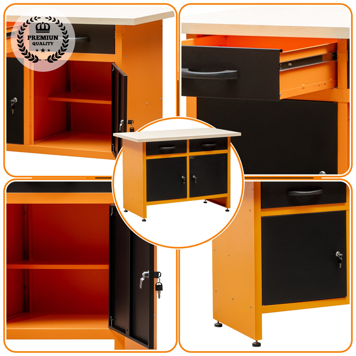 Workbench with Adjustable Legs, Lockable Drawers and Cabinets