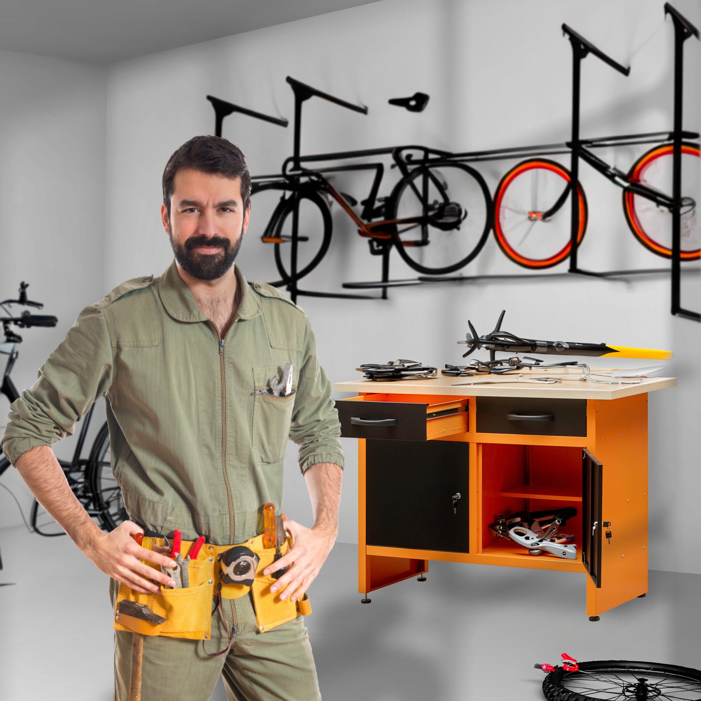 Workbench with Adjustable Legs, Lockable Drawers and Cabinets