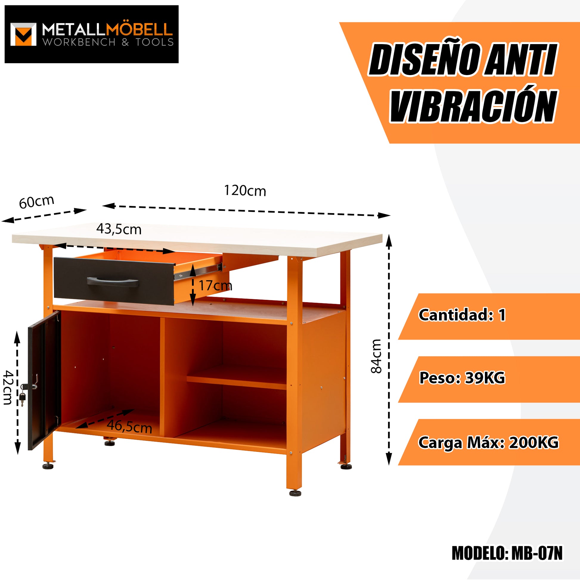 Banco de trabajo multipropósito con cajón, armario, cerradura y llave de 120x60x92Cm MB-007 - MetallMöbell