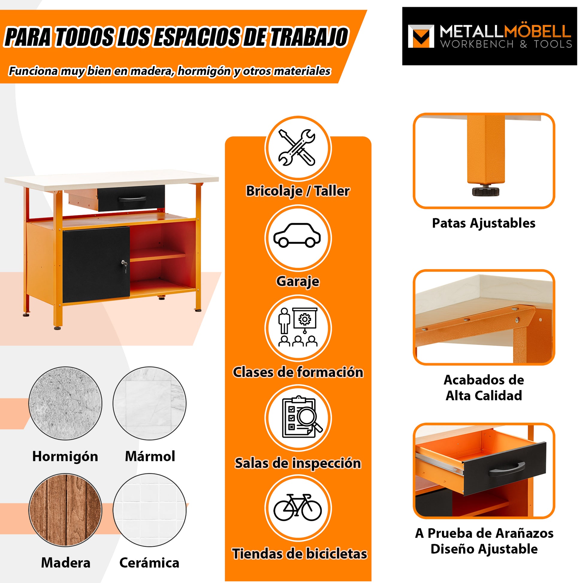 Banco de trabajo multipropósito con cajón, armario, cerradura y llave de 120x60x92Cm MB-007 - MetallMöbell