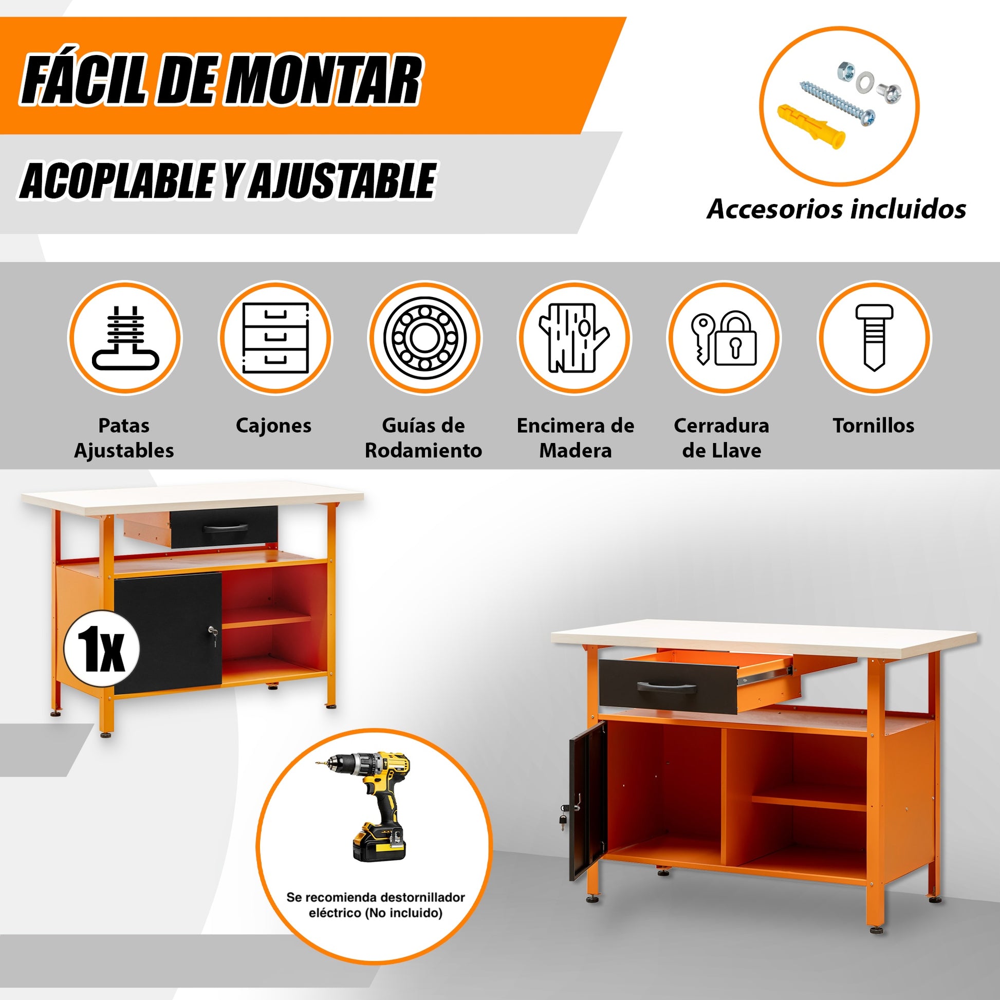 Banco de trabajo multipropósito con cajón, armario, cerradura y llave de 120x60x92Cm MB-007 - MetallMöbell