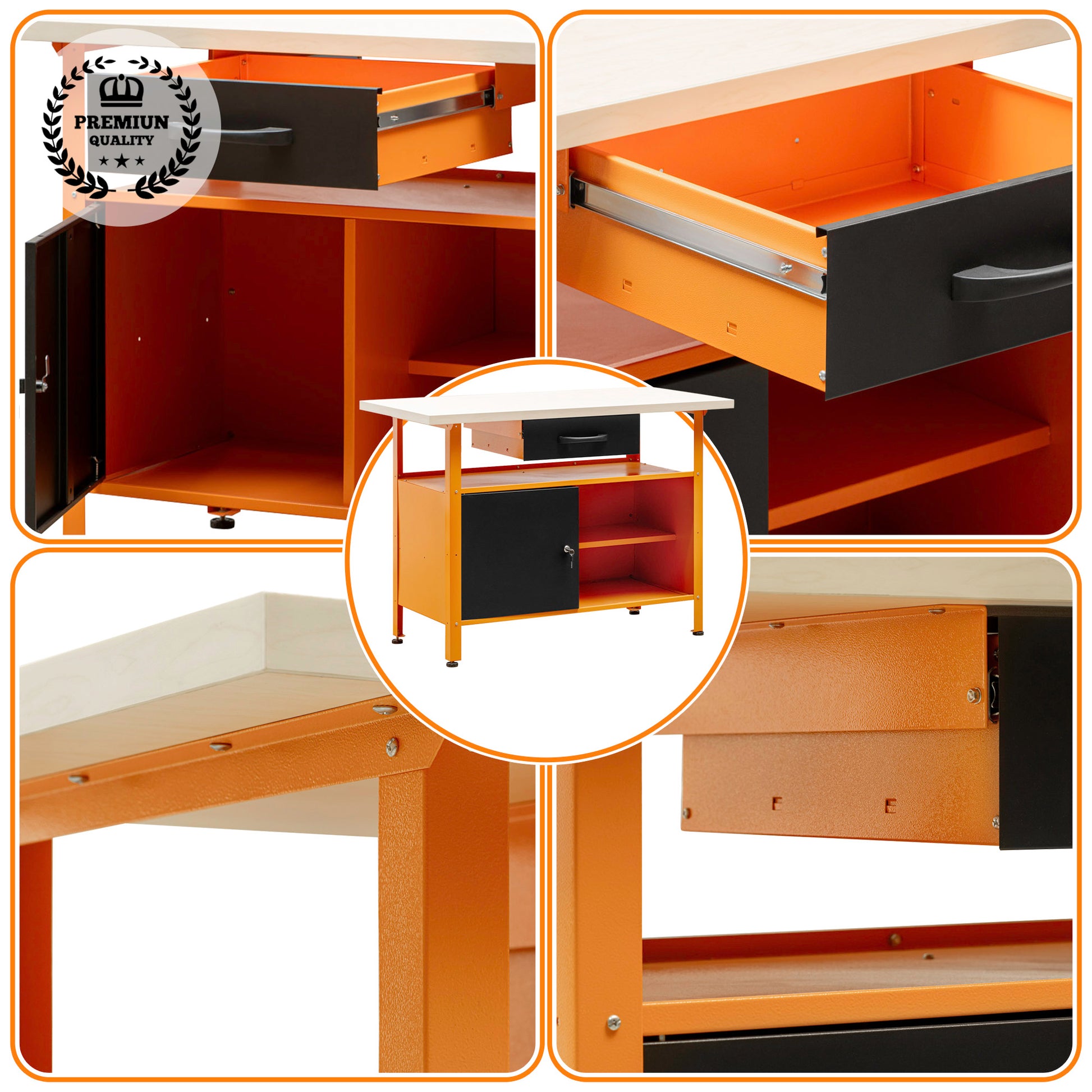 Banco de trabajo multipropósito con cajón, armario, cerradura y llave de 120x60x92Cm MB-007 - MetallMöbell