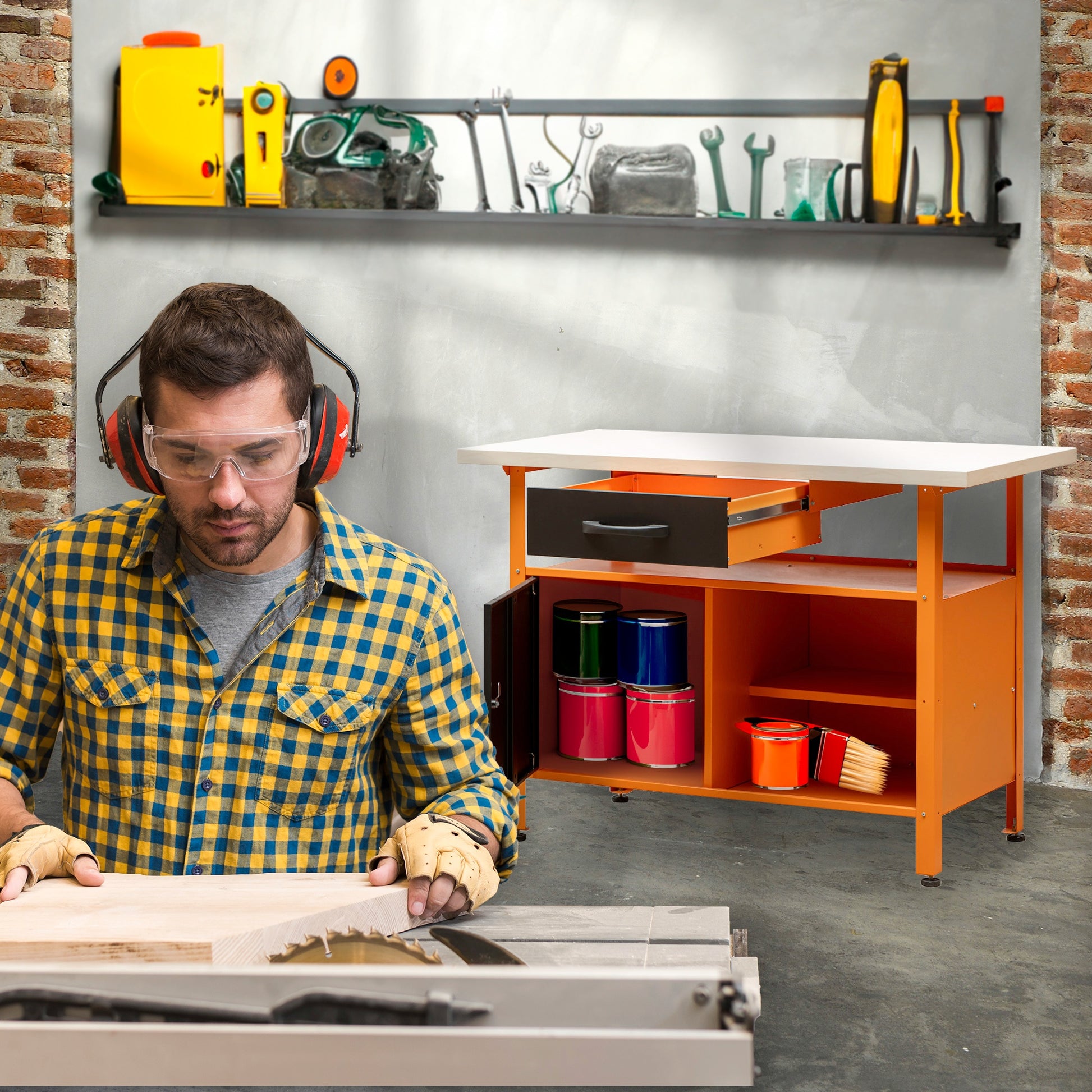 Banco de trabajo multipropósito con cajón, armario, cerradura y llave de 120x60x92Cm MB-007 - MetallMöbell