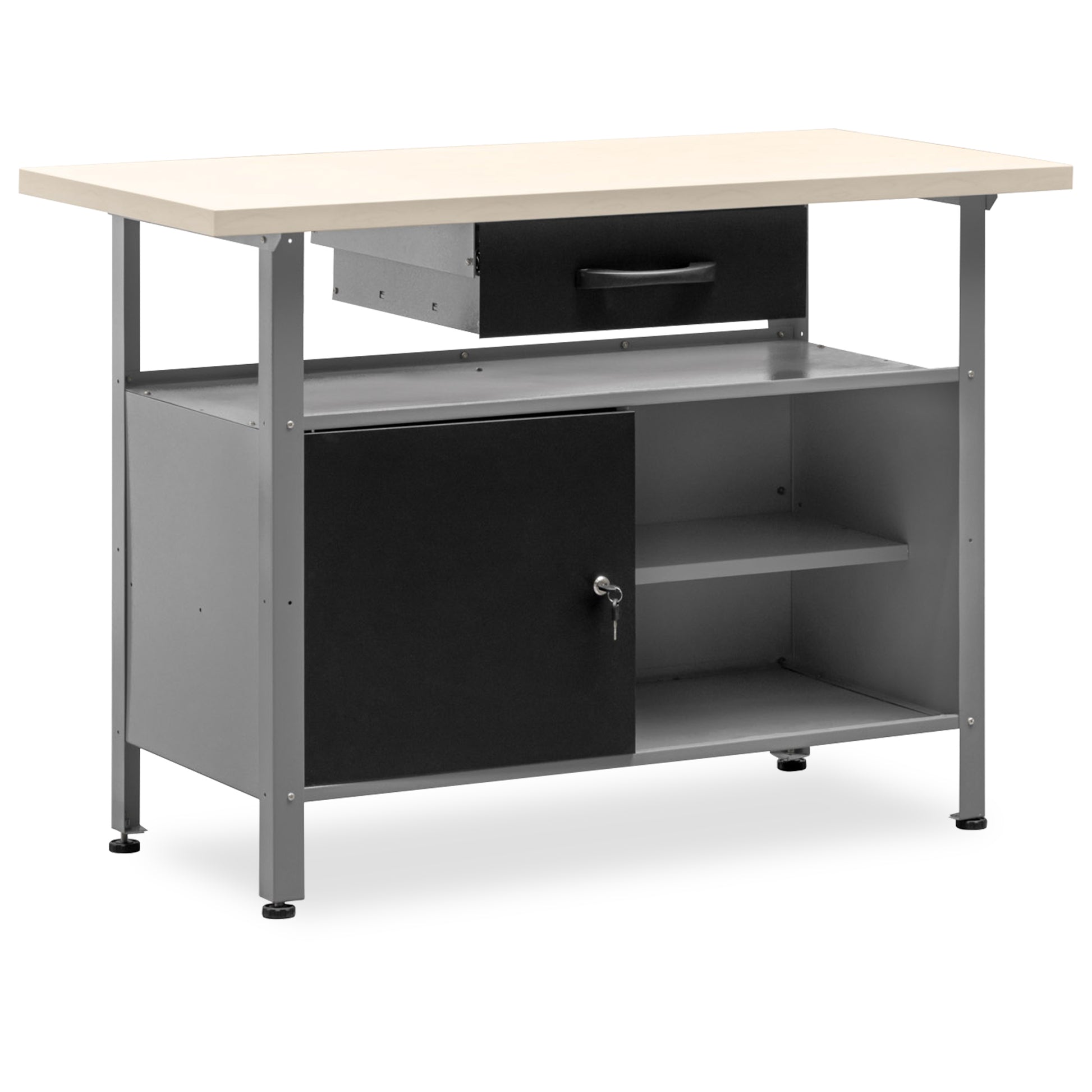 Banco de trabajo multipropósito con cajón, armario, cerradura y llave de 120x60x92Cm MB-007 - MetallMöbell