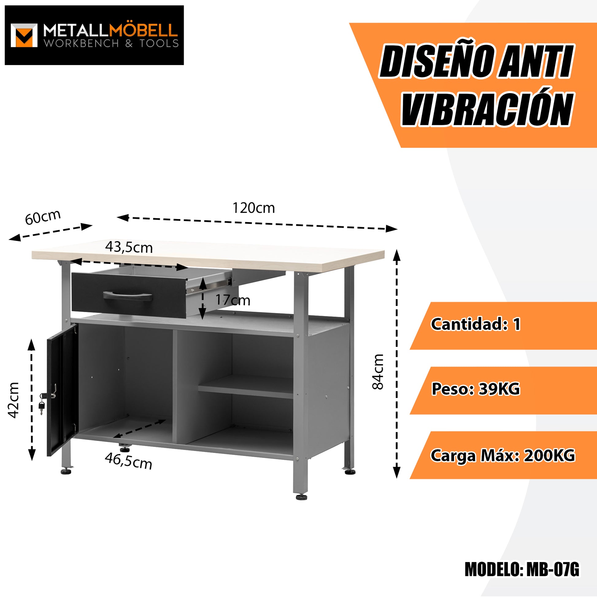 Banco de trabajo multipropósito con cajón, armario, cerradura y llave de 120x60x92Cm MB-007 - MetallMöbell
