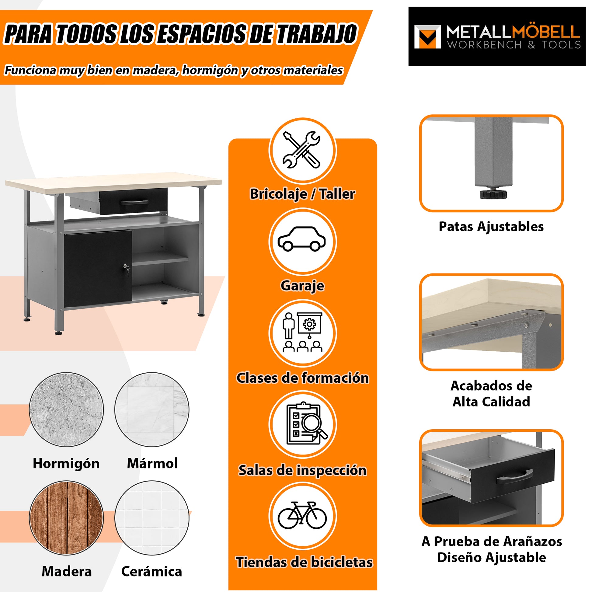 Banco de trabajo multipropósito con cajón, armario, cerradura y llave de 120x60x92Cm MB-007 - MetallMöbell
