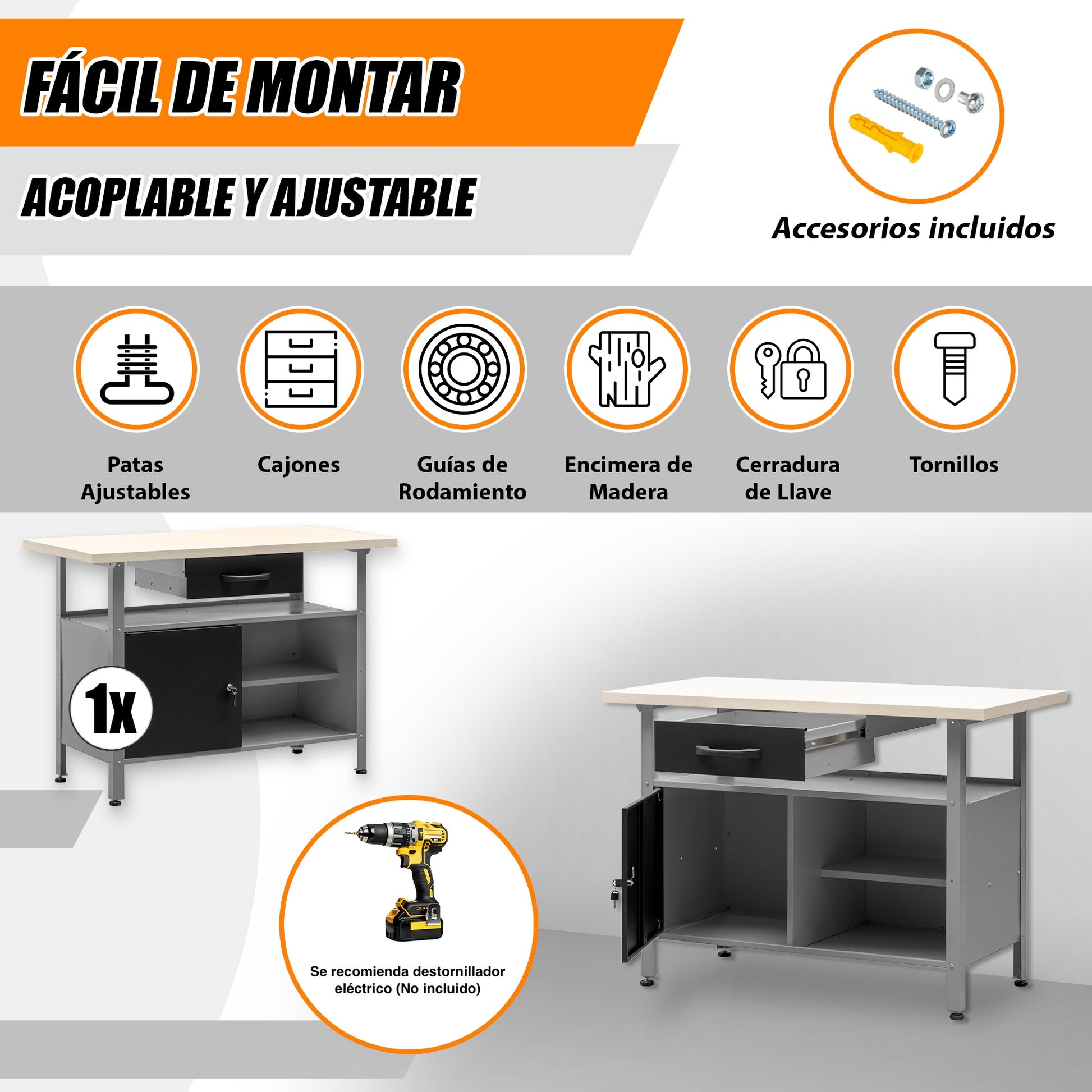 Banco de trabajo multipropósito con cajón, armario, cerradura y llave de 120x60x92Cm MB-007 - MetallMöbell