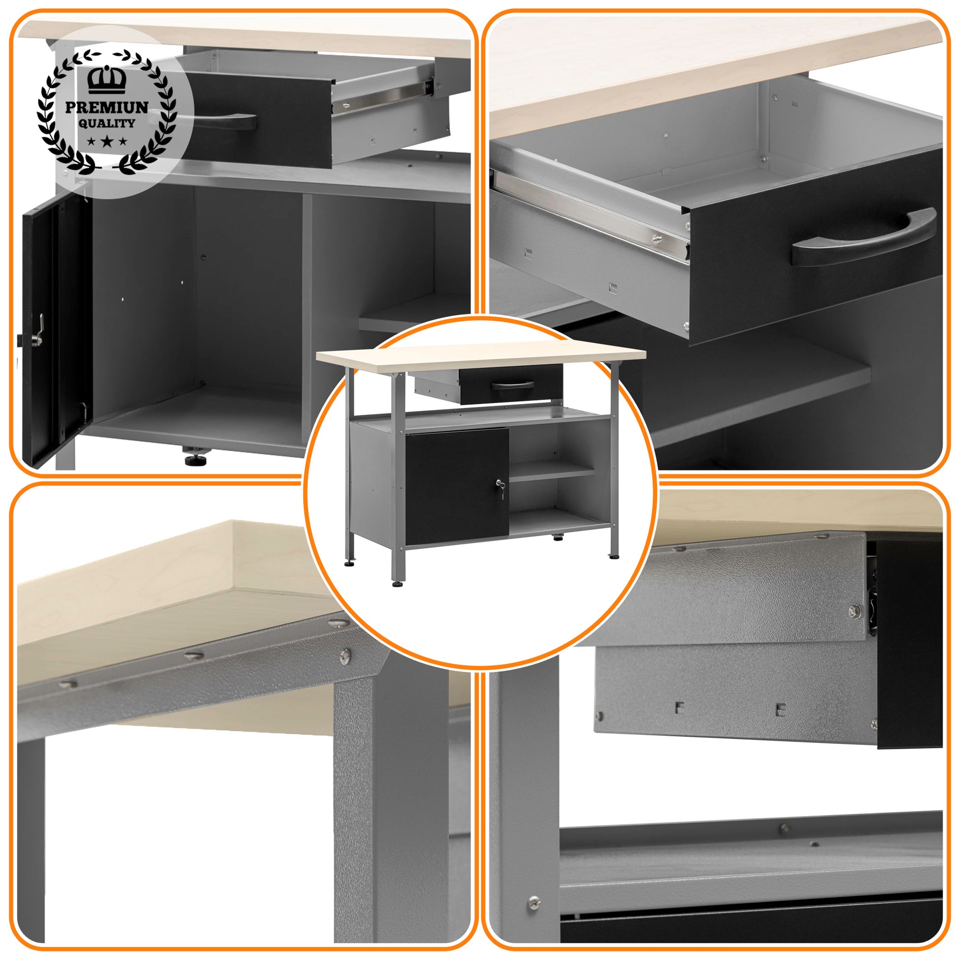 Banco de trabajo multipropósito con cajón, armario, cerradura y llave de 120x60x92Cm MB-007 - MetallMöbell