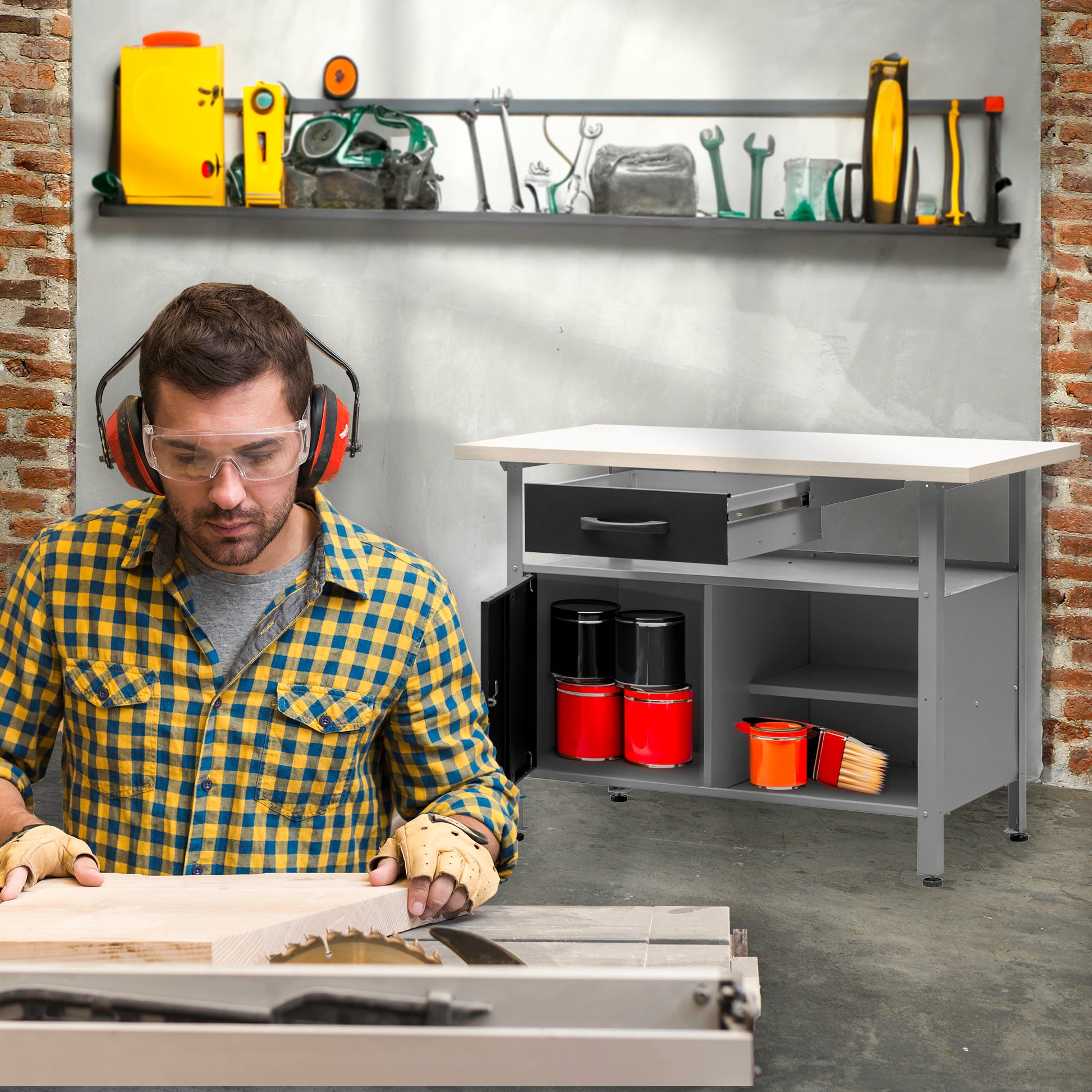 Banco de trabajo multipropósito con cajón, armario, cerradura y llave de 120x60x92Cm MB-007 - MetallMöbell