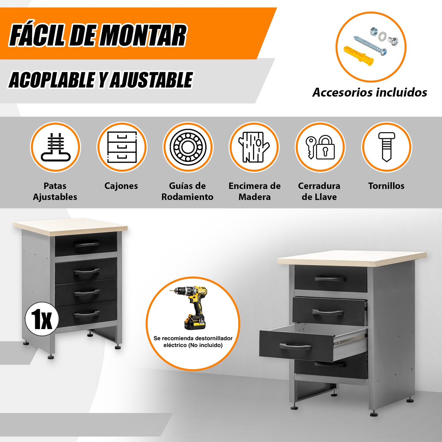 60x60x84cm Workbench with Drawer and Cabinet. MB-004G and MB-004N.