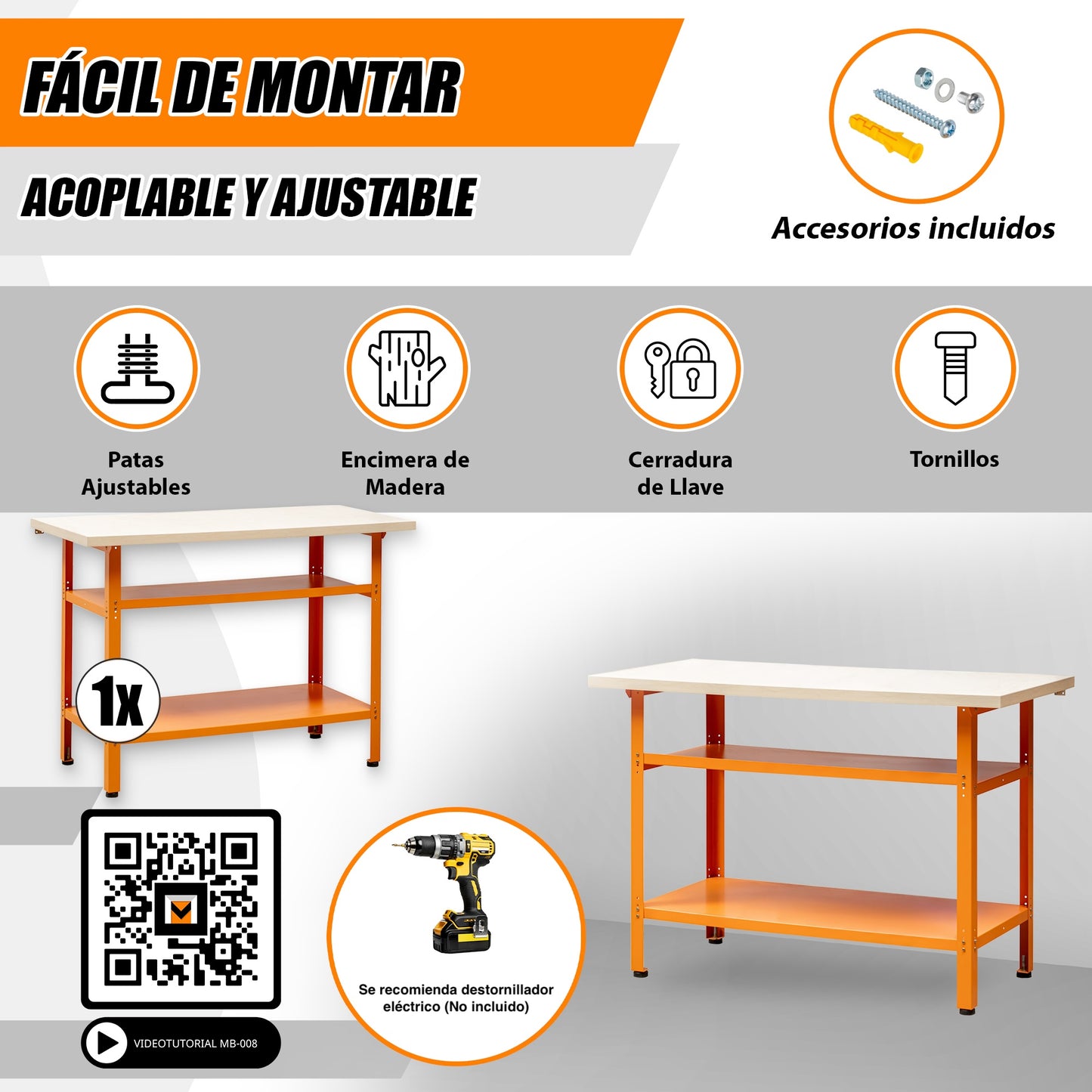 Table de travail en métal avec étagères 120 x 60 x 90 cm