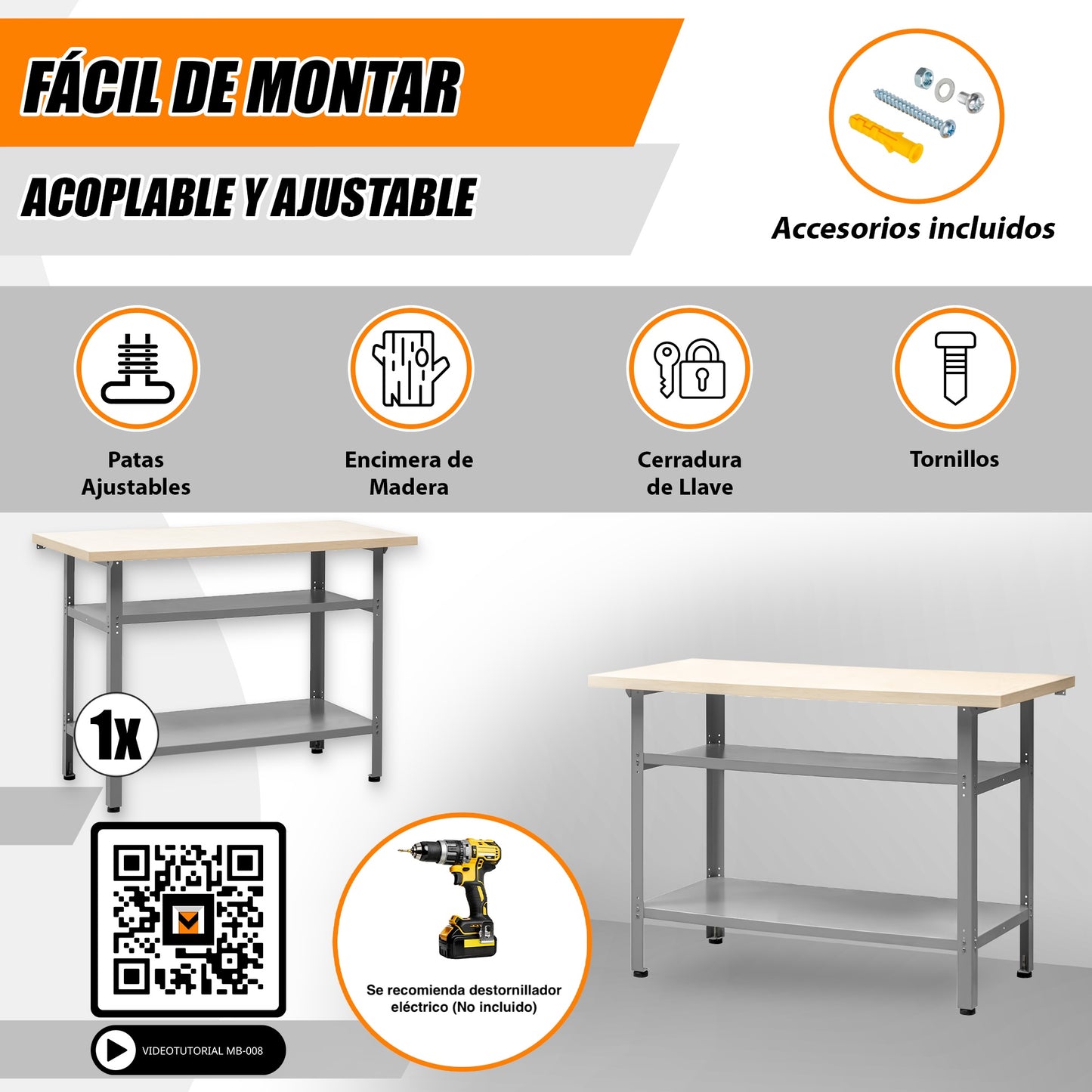 Table de travail en métal avec étagères 120 x 60 x 90 cm